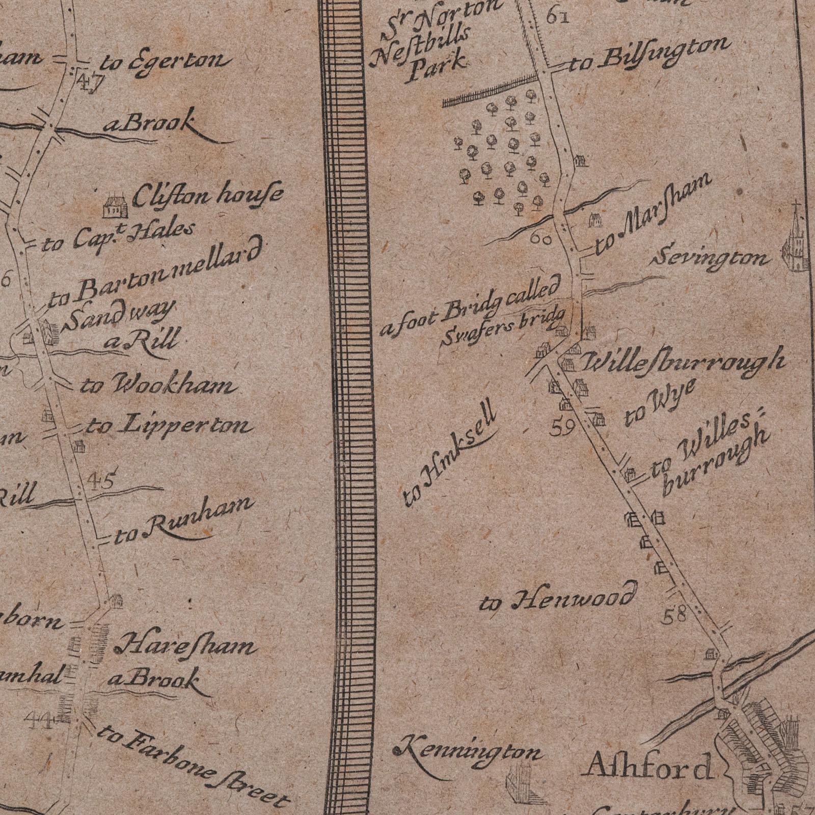 Carte routière ancienne, de Londres à Hythe, Kent, anglaise, cartographie, John Ogilby, 1675 en vente 2