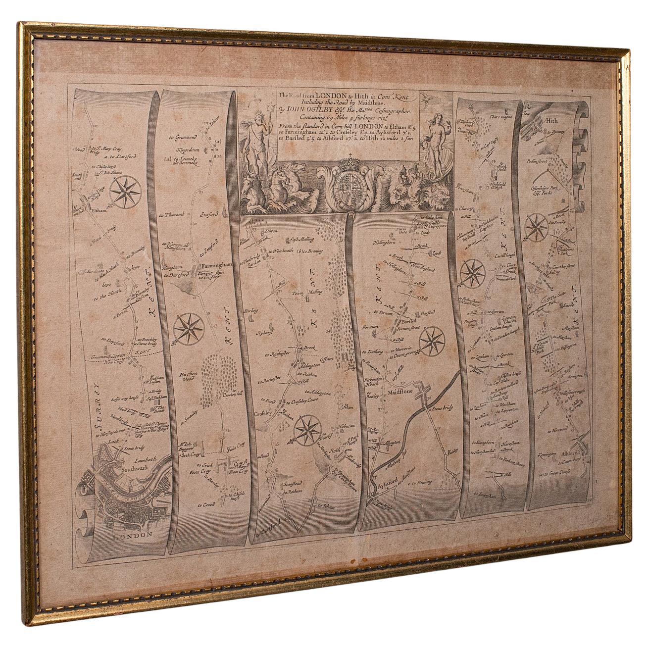 Carte routière ancienne, de Londres à Hythe, Kent, anglaise, cartographie, John Ogilby, 1675