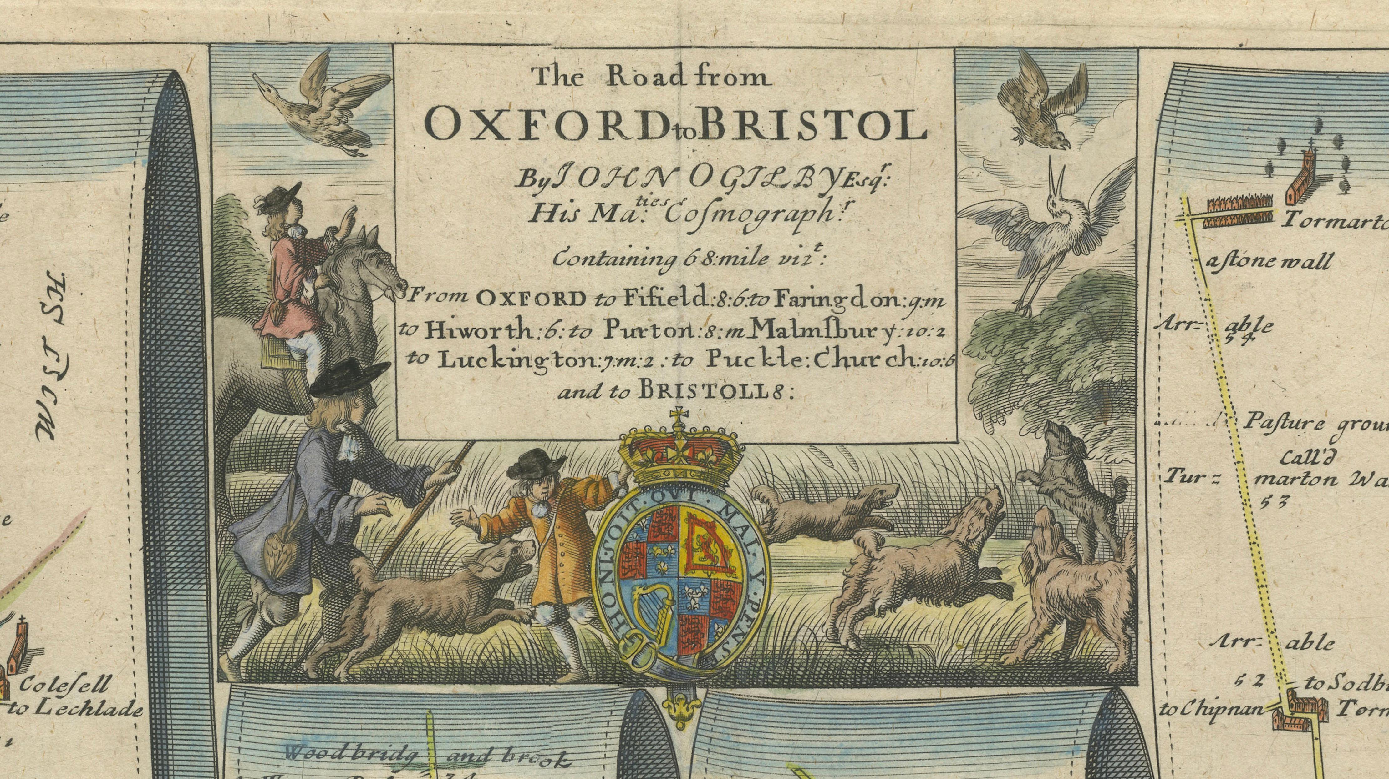 Antique Road Map Oxford to Bristol, Ogilby Britannia Strip Map, 1675