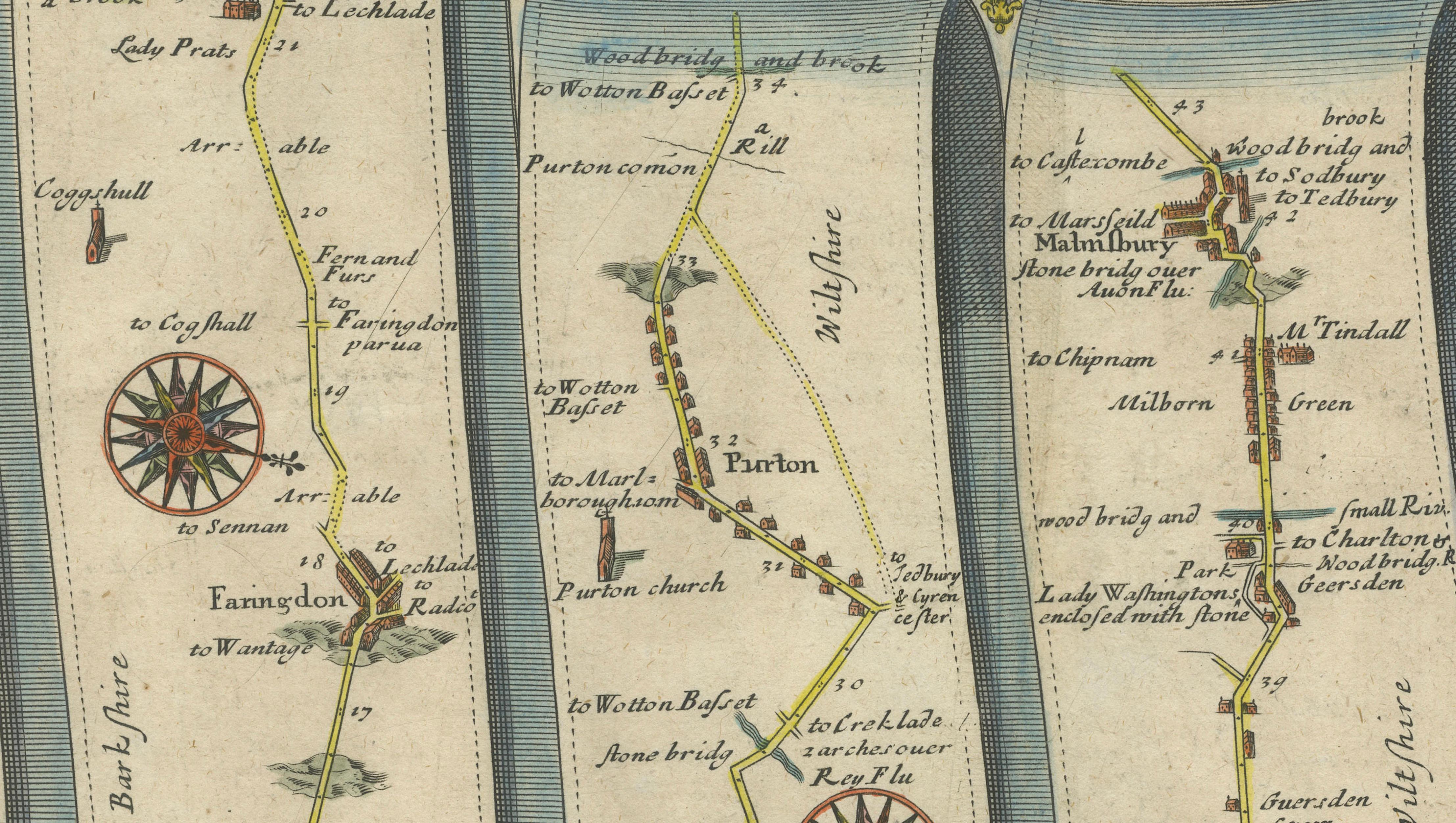 Antique Road Map Oxford to Bristol, Ogilby Britannia Strip Map, 1675