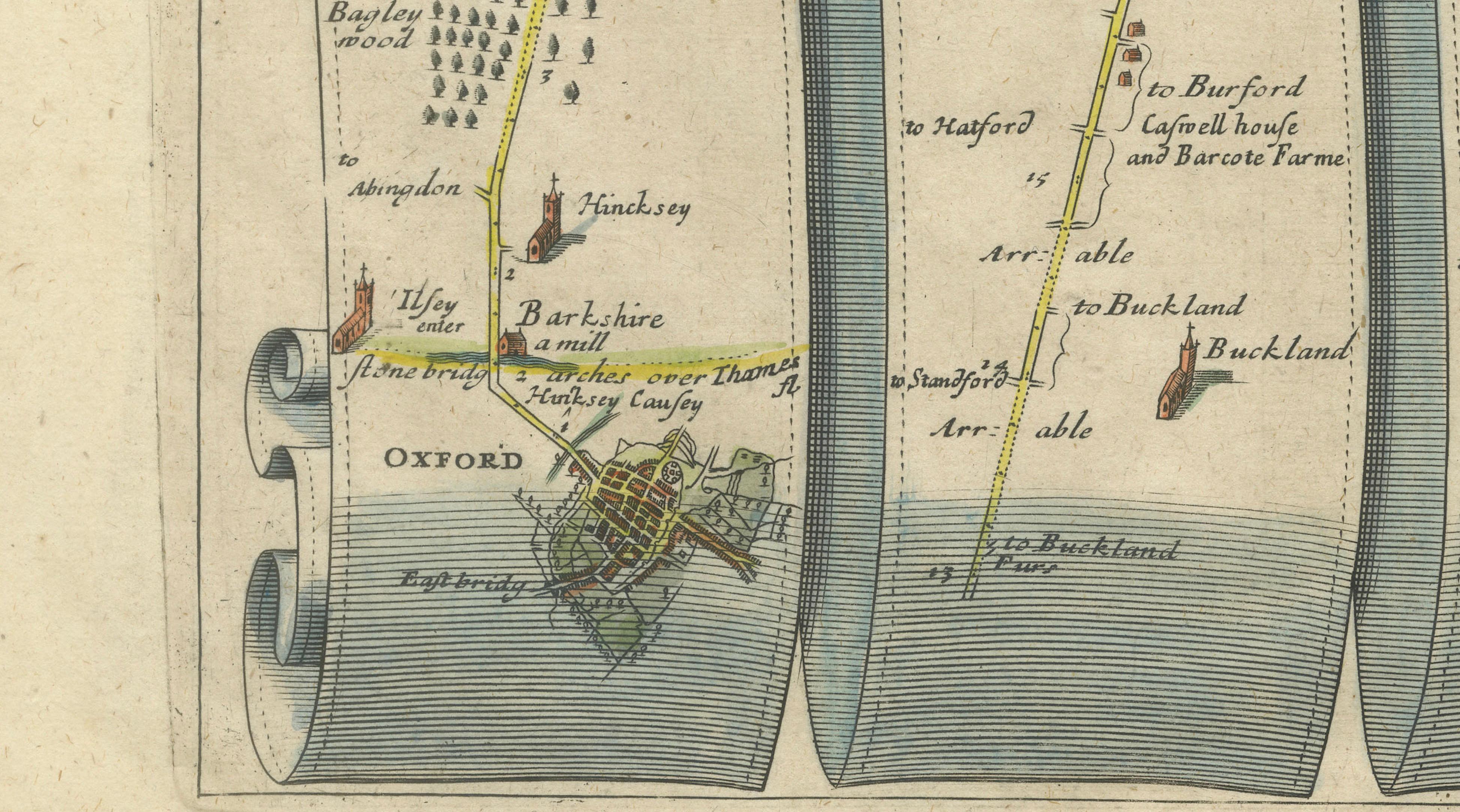 Antique Road Map Oxford to Bristol, Ogilby Britannia Strip Map, 1675
