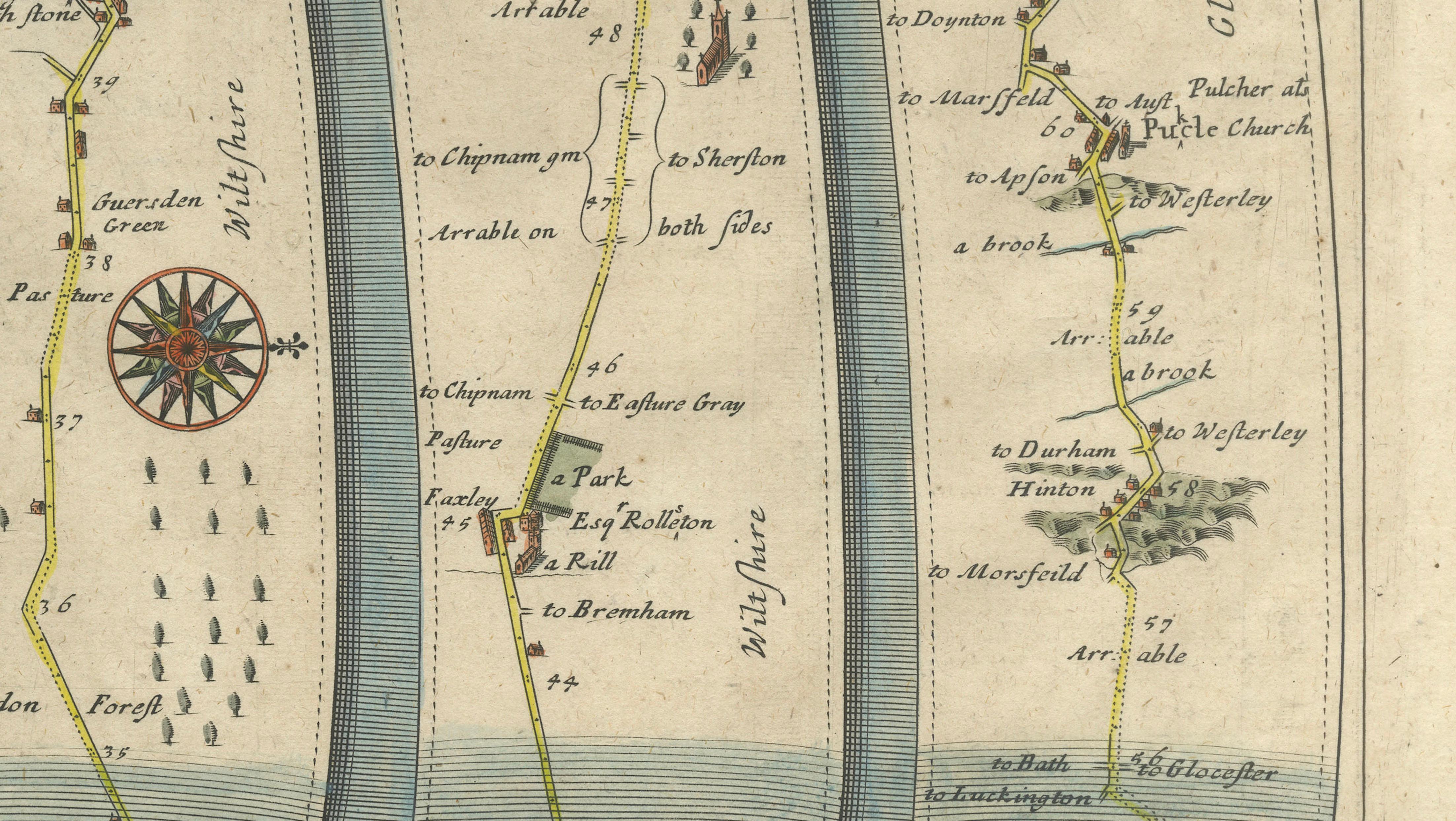Antique Road Map Oxford to Bristol, Ogilby Britannia Strip Map, 1675