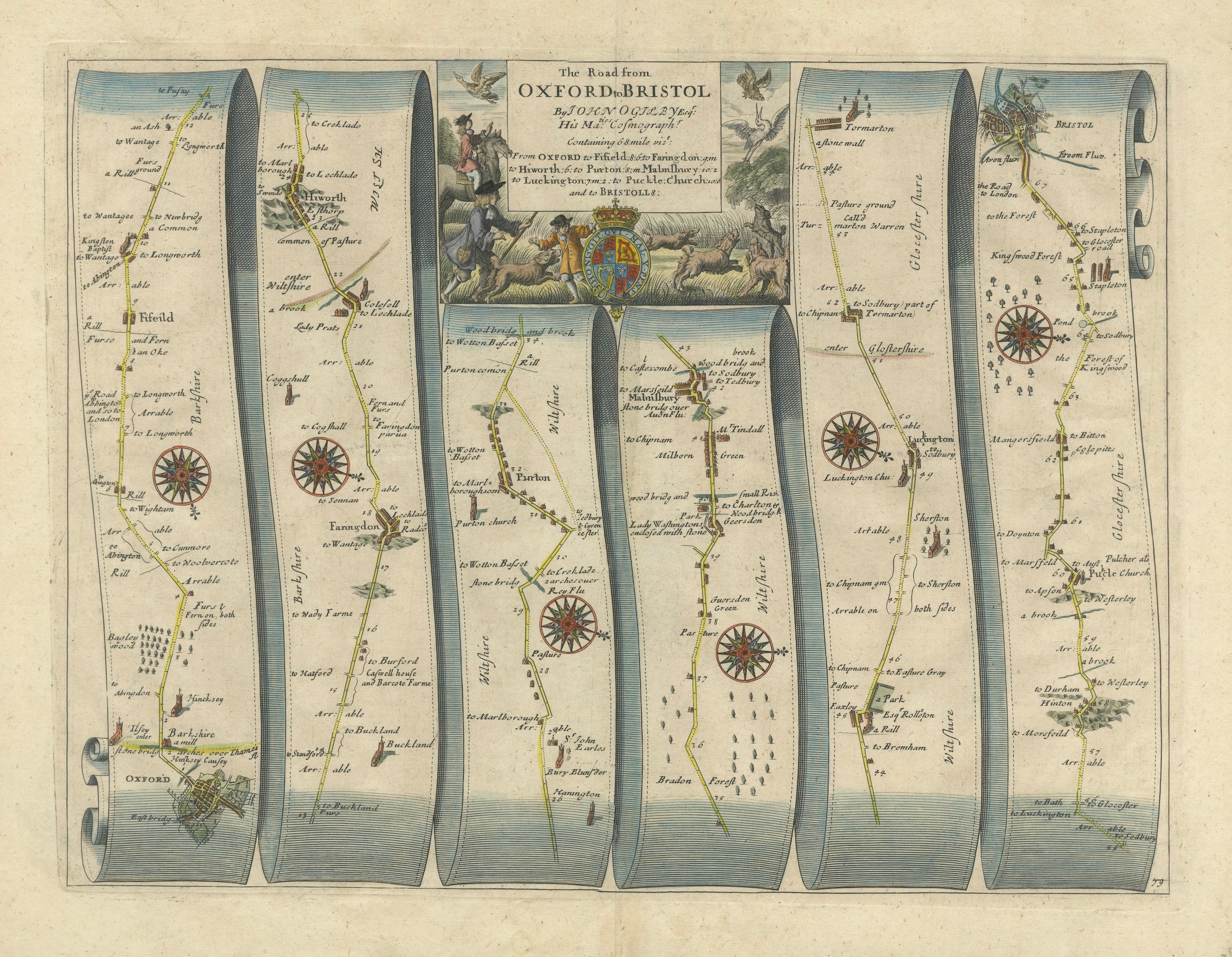 Antique Road Map Oxford to Bristol, Ogilby Britannia Strip Map, 1675