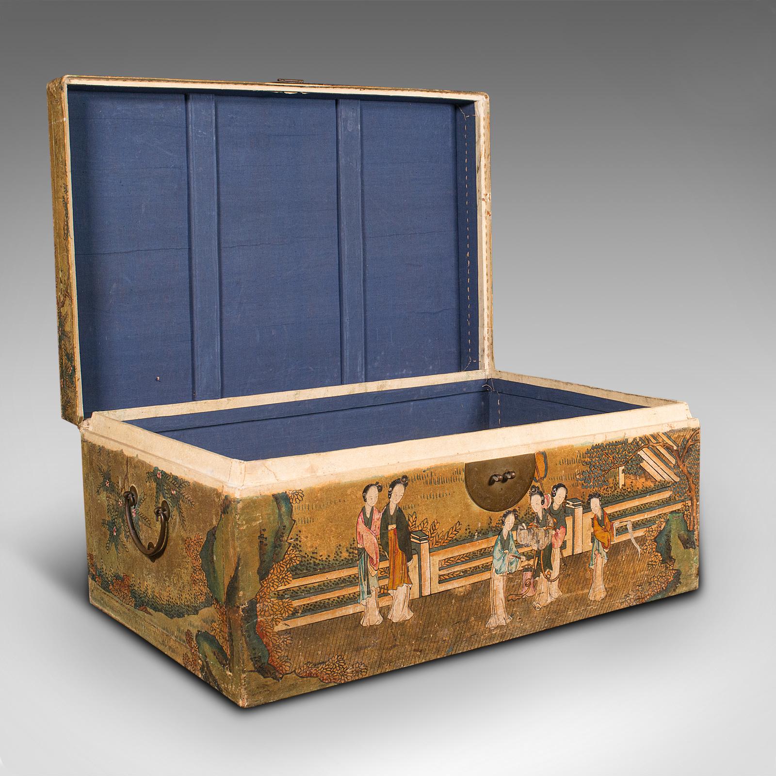 This is an antique robe chest. A Japanese, papered storage trunk with oriental Art Deco taste, dating to the early 20th century, circa 1920.

Wonderfully hand-painted, decorative storage box with superb detail
Displays a desirable aged patina and