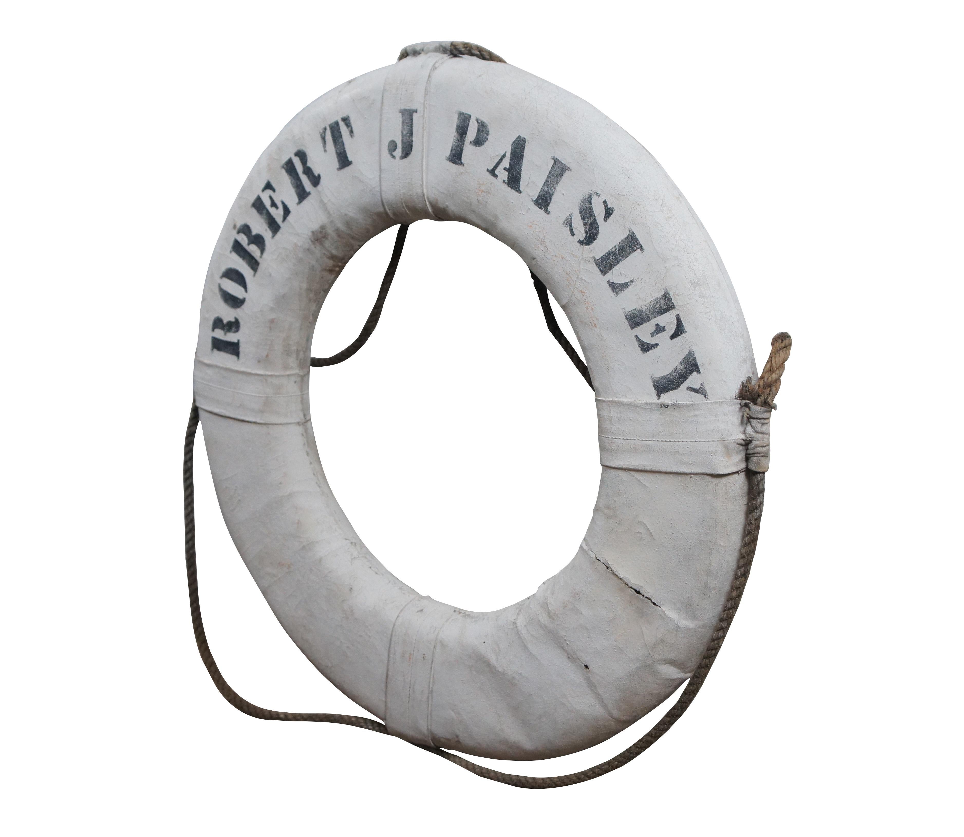 Antique Robert J Paisley Nautical Maritime White Ship Boat Life Preserver Ring 3 In Good Condition For Sale In Dayton, OH