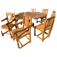 Antique Robert "Mouseman" Thompson Octagonal Oak Dining Table & Eight Chairs