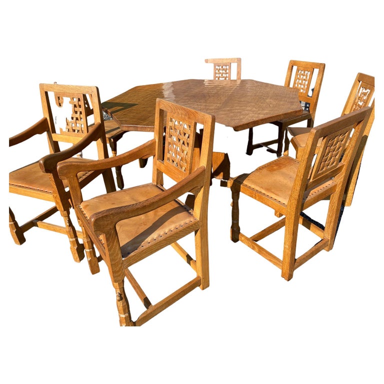 Antique Robert "Mouseman" Thompson Octagonal Oak Dining Table and Eight Chairs For Sale at 1stDibs