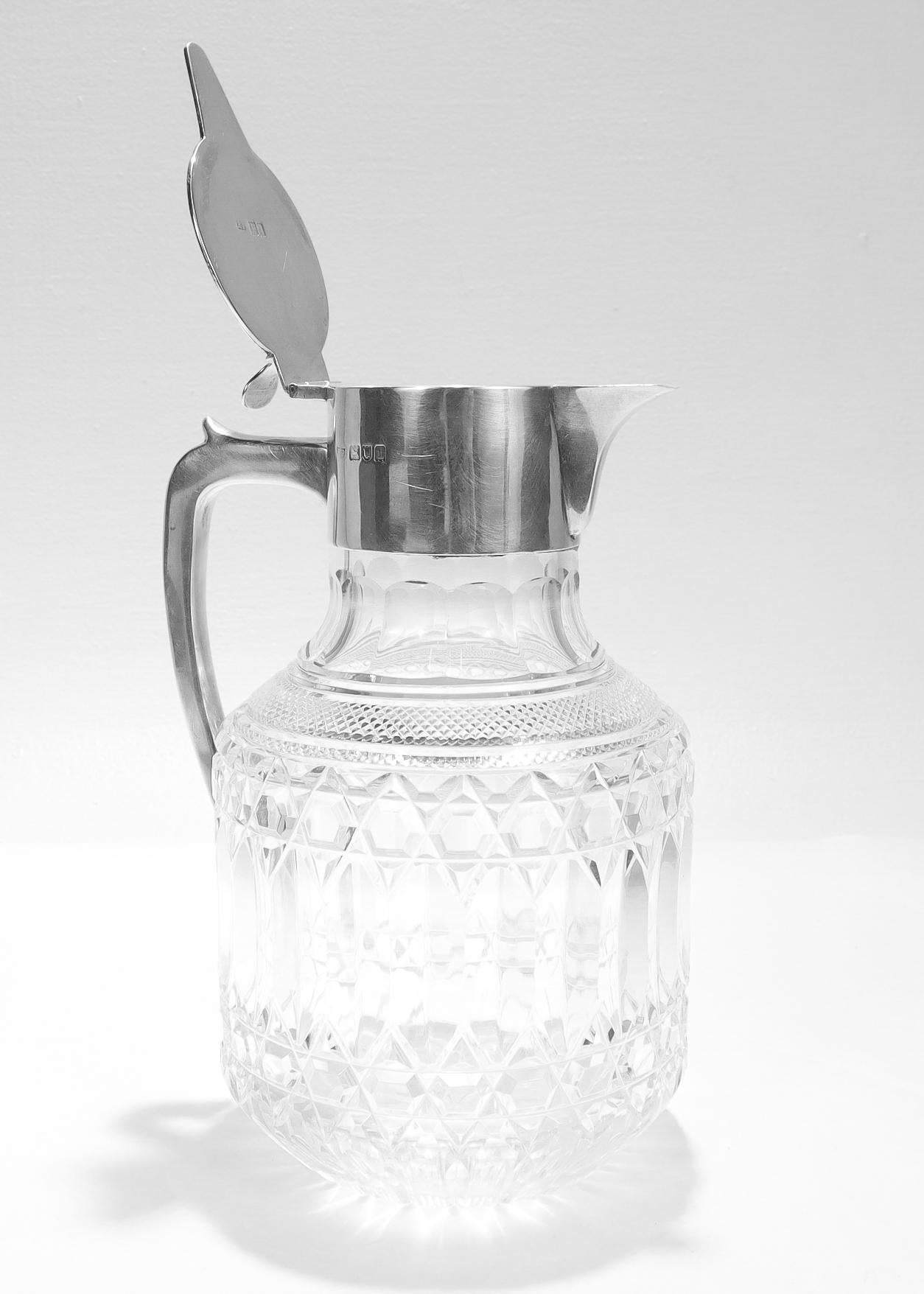 Antigua jarra Robert Pringle de cristal tallado eduardiano y plata de ley para vino clarete en venta 4