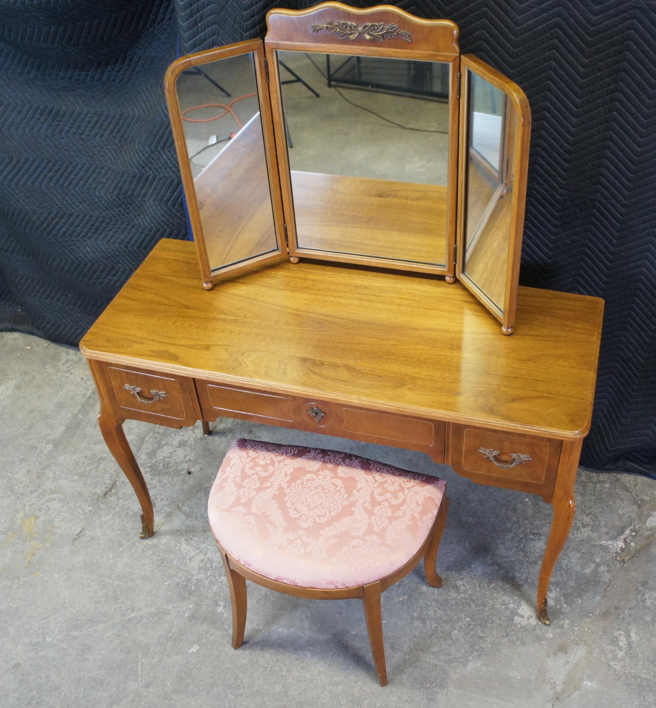 Mid-20th Century Antique Robert W Irwin Louis XV French Walnut Vanity Dressing Table Desk & Chair