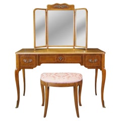 Antique Robert W Irwin Louis XV French Walnut Vanity Dressing Table Desk & Chair