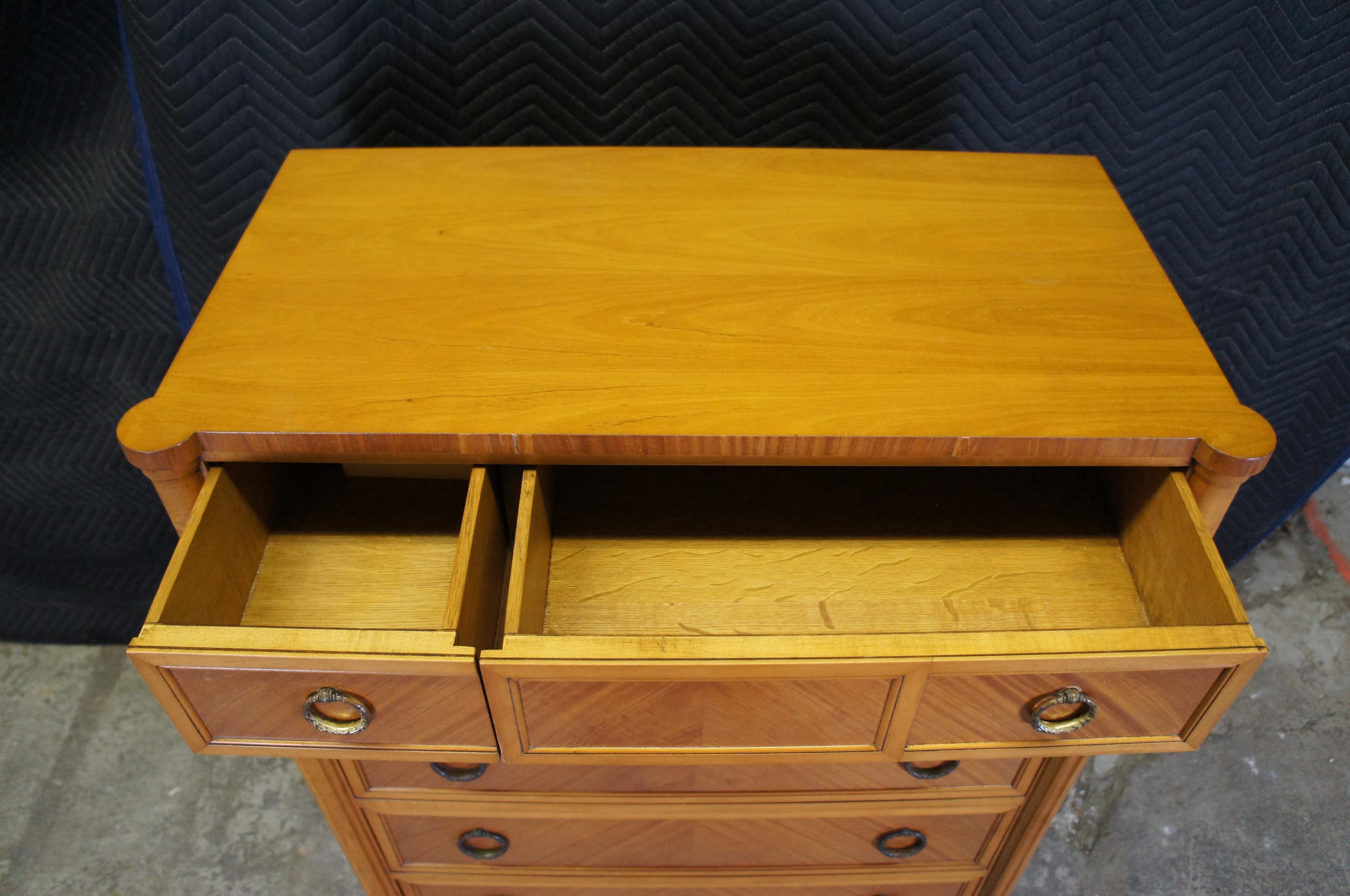 Antique Robert W Irwin Louis XVI Satinwood Tallboy Dresser Chest of Drawers In Good Condition In Dayton, OH