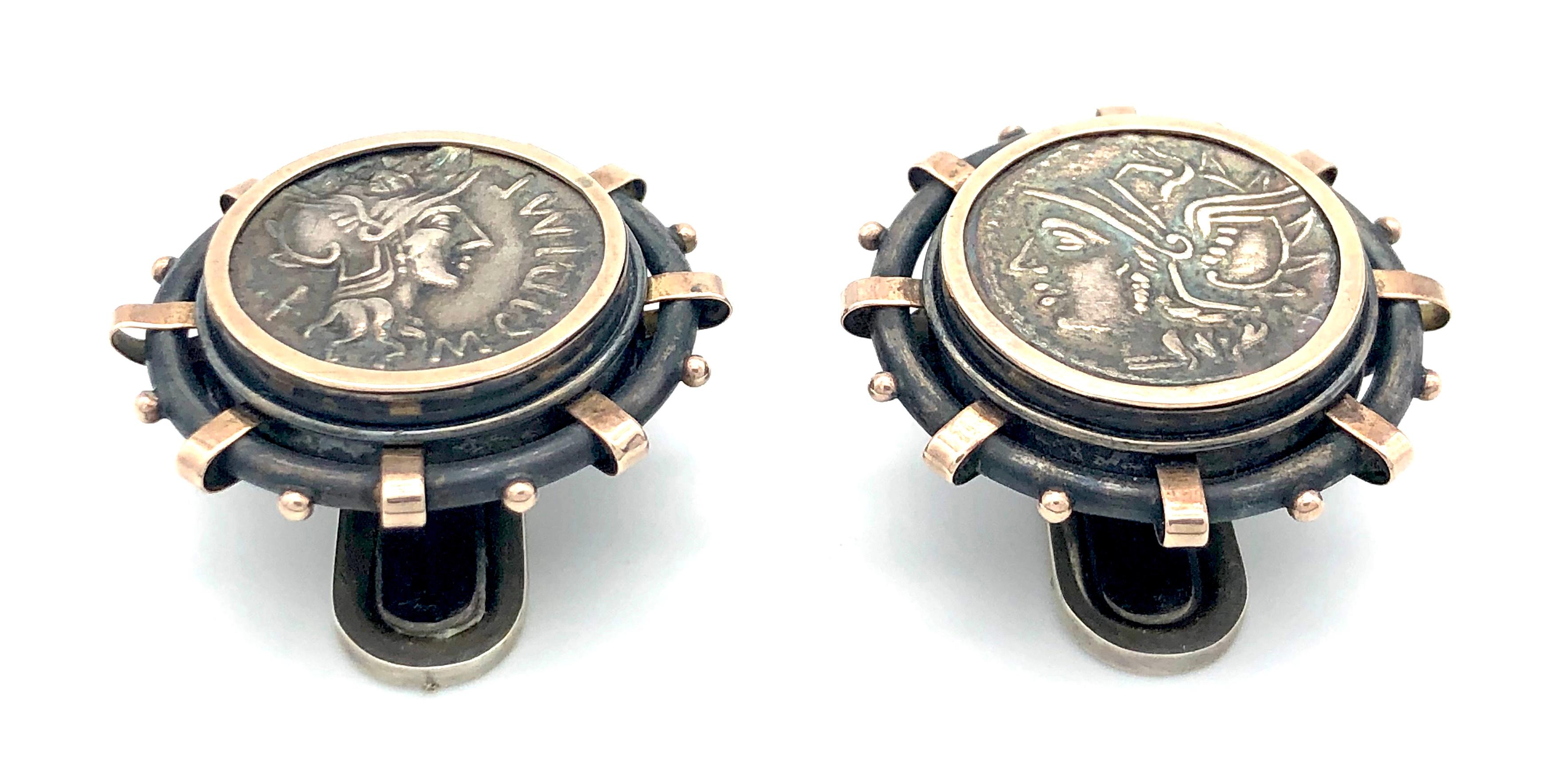Men's Antique Rocchegghianni Cufflinks Archaeological Style Coins Silver Rome For Sale