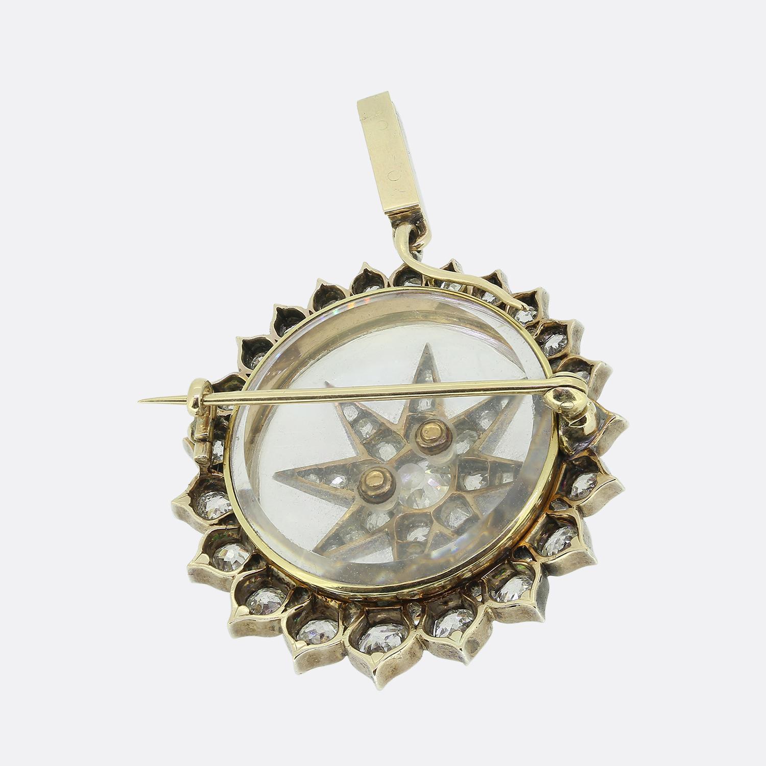 Here we have remarkable piece of jewellery taken from the Victorian era. Crafted with precision, it features a centralised star motif adorned with old mine cut diamonds, each radiating a brilliant white sparkle. The diamonds are set atop a rock