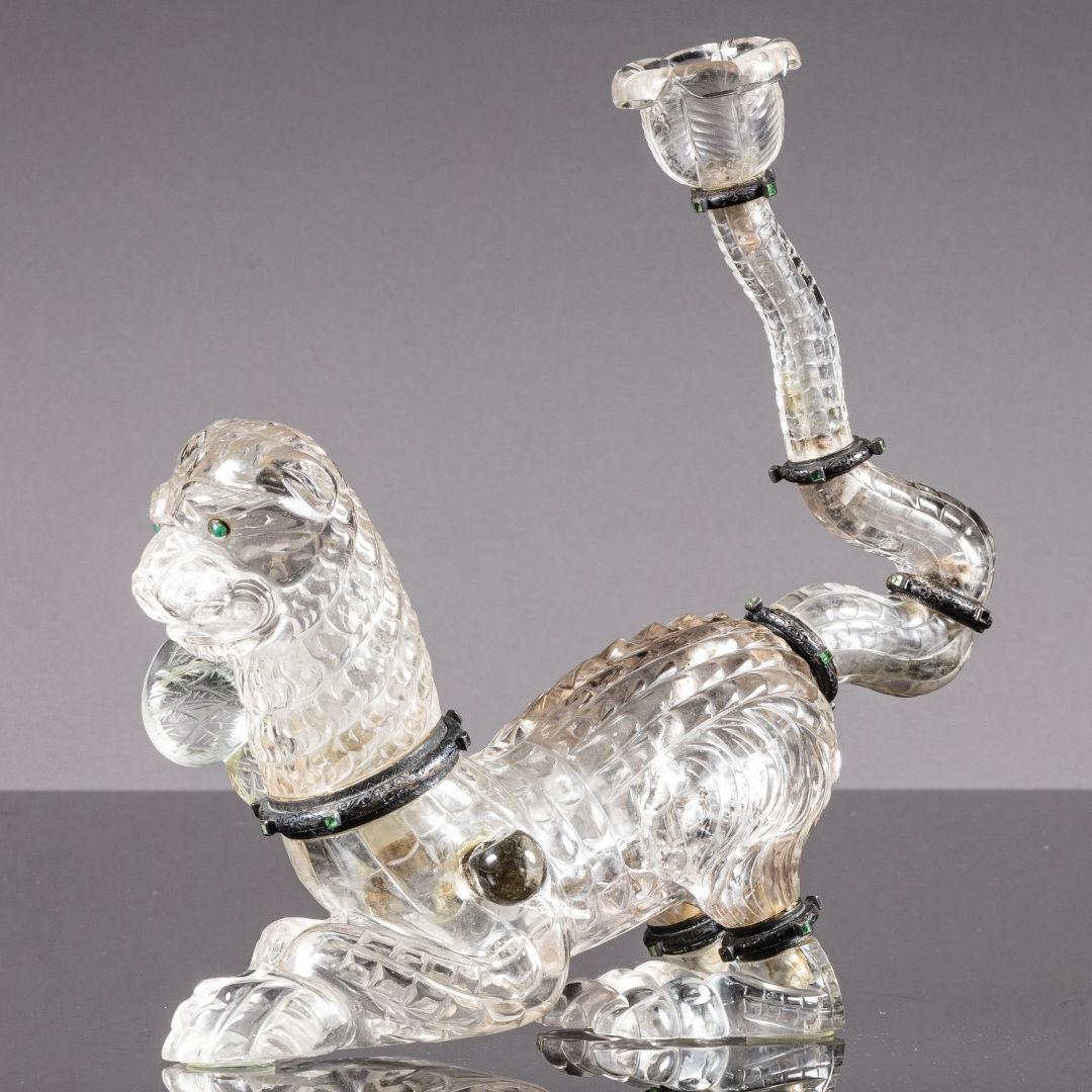 Late Victorian Antique Rock Crystal Candlestick Chimera with Silver and Emeralds For Sale
