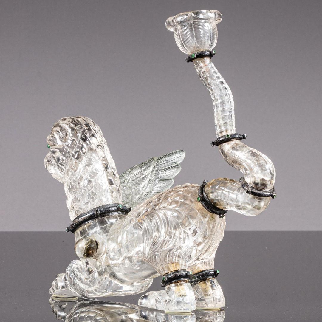 Austrian Antique Rock Crystal Candlestick Chimera with Silver and Emeralds For Sale