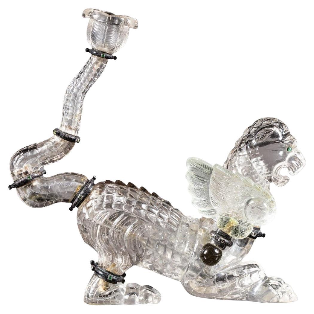 Antique Rock Crystal Candlestick Chimera with Silver and Emeralds For Sale