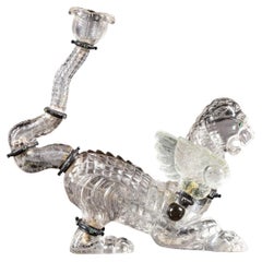 Antique Rock Crystal Candlestick Chimera with Silver and Emeralds