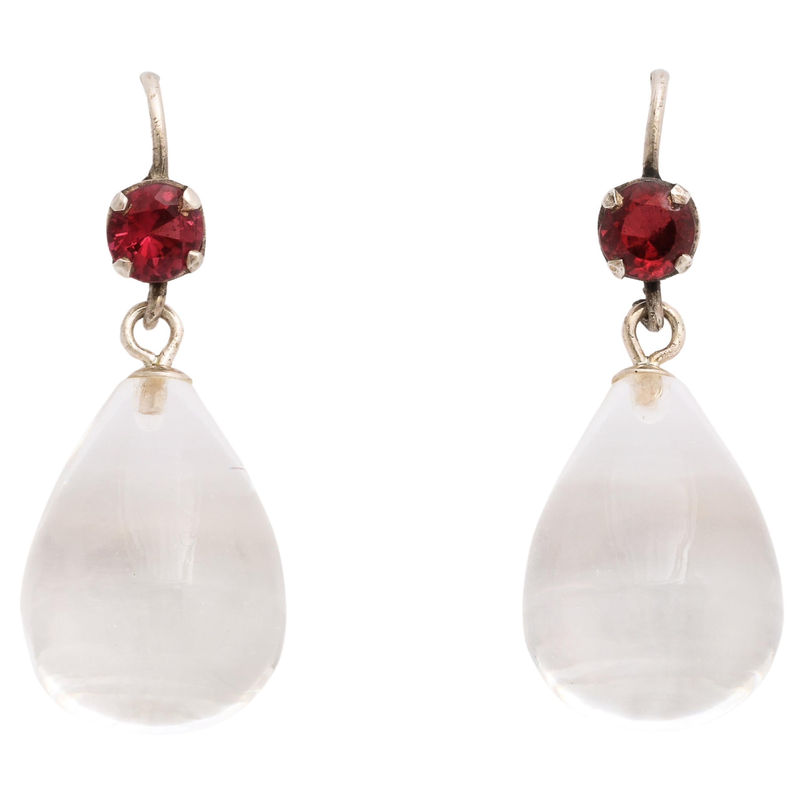 Antique Rock Crystal Garnet Earrings c.1920 For Sale