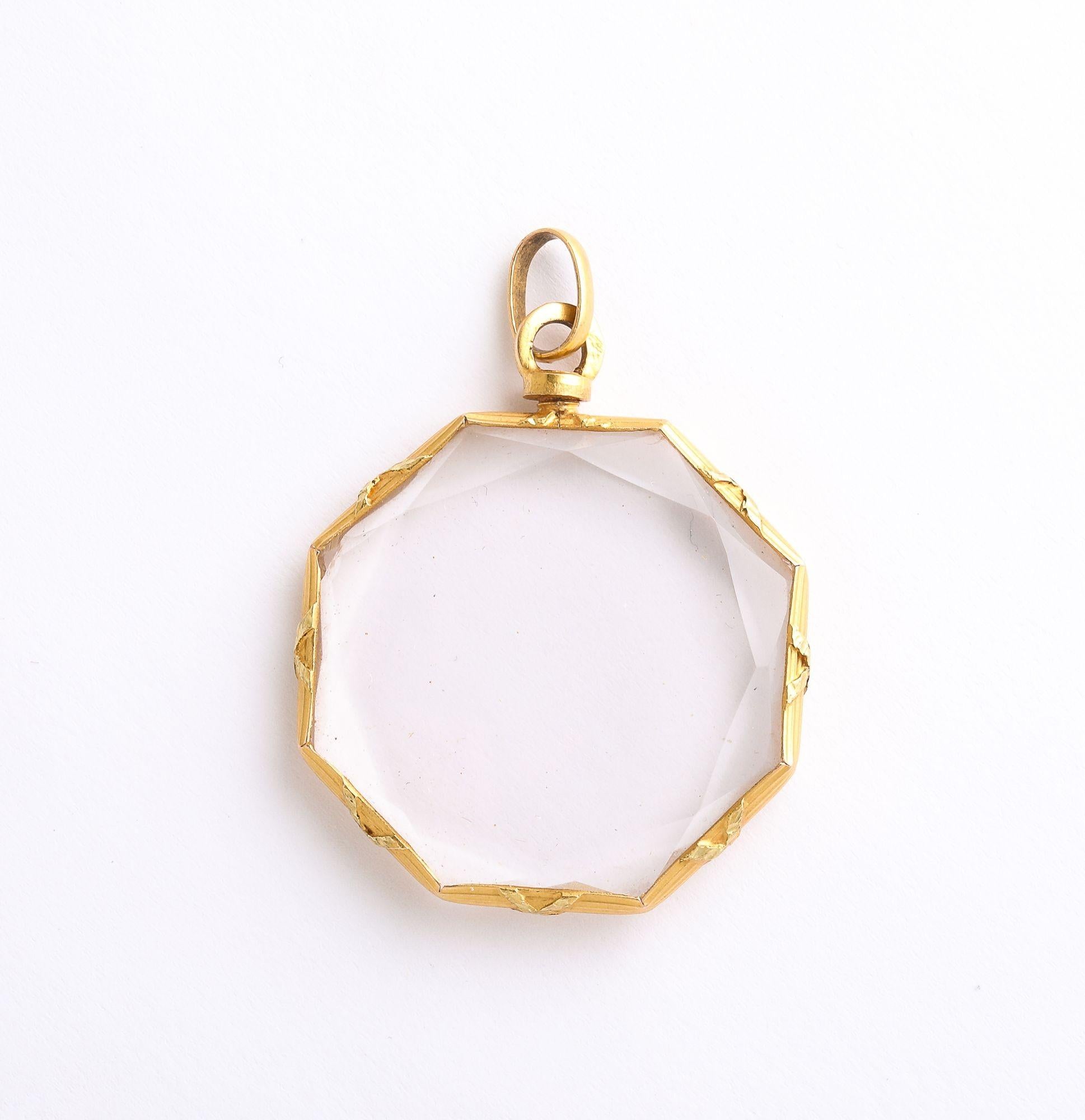 Women's or Men's French Antique Rock Crystal Octagonal Locket With Gold Frame