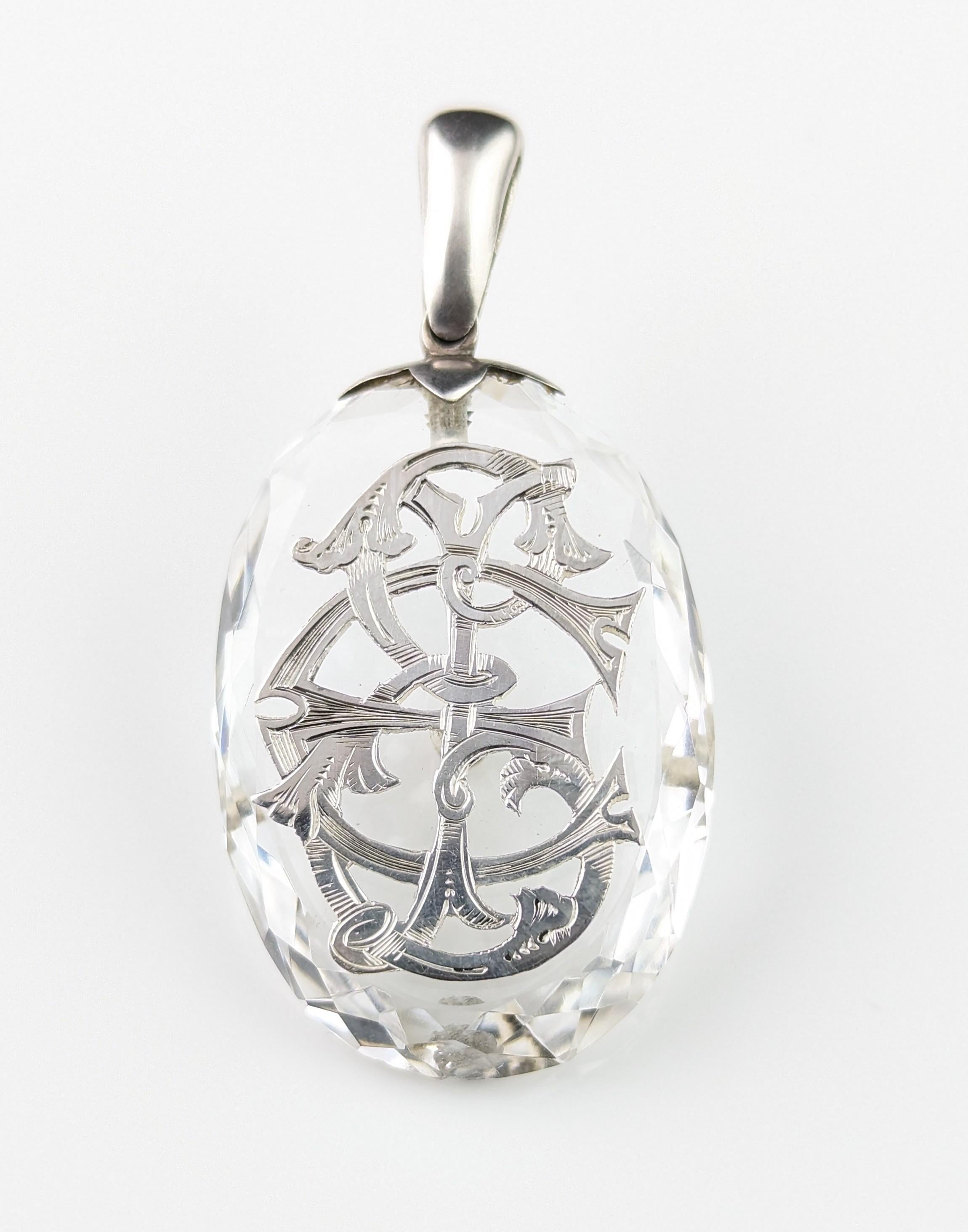 Antique Rock Crystal monogram pendant, sterling silver, Victorian 6