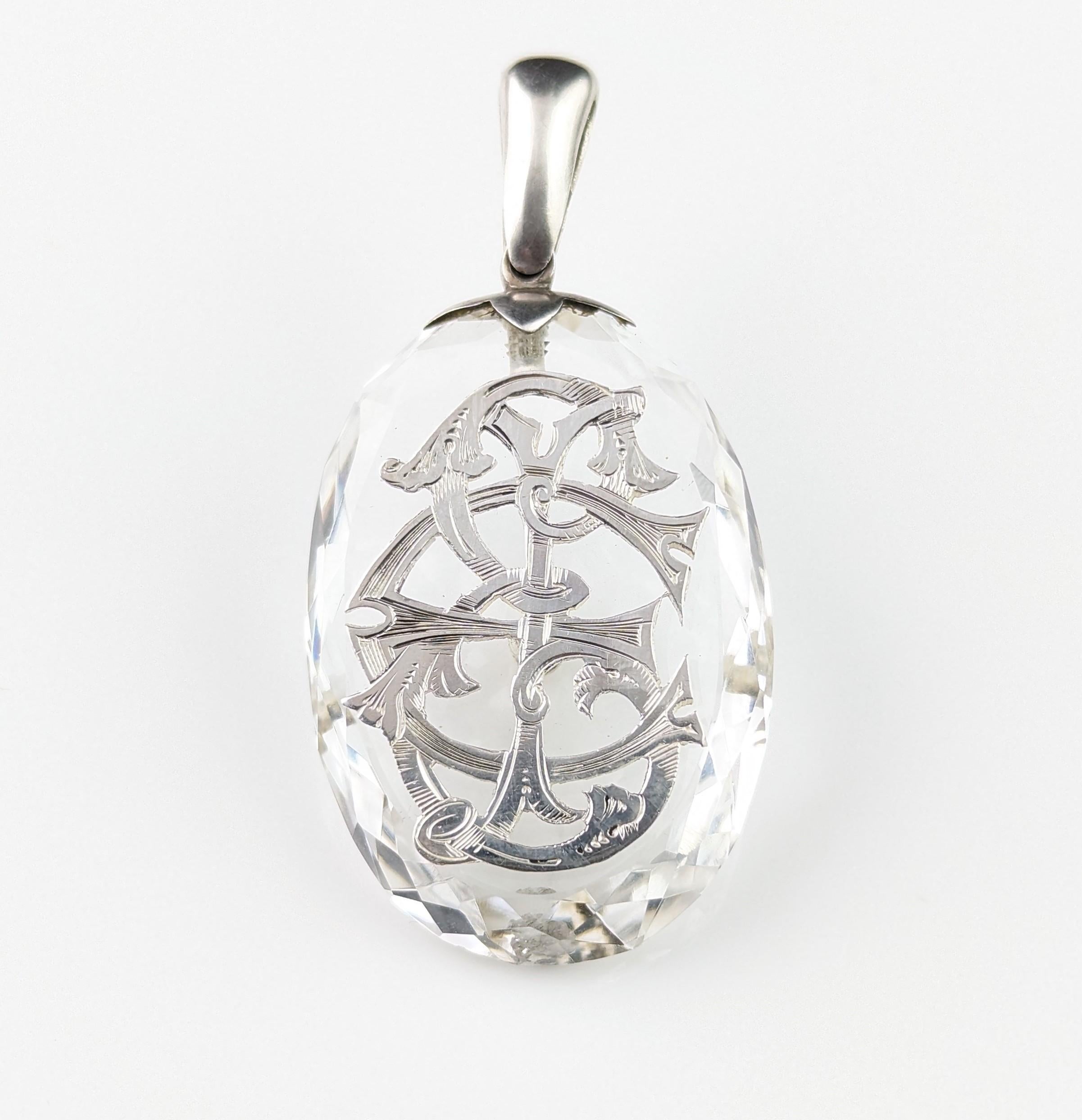 Antique Rock Crystal monogram pendant, sterling silver, Victorian 7