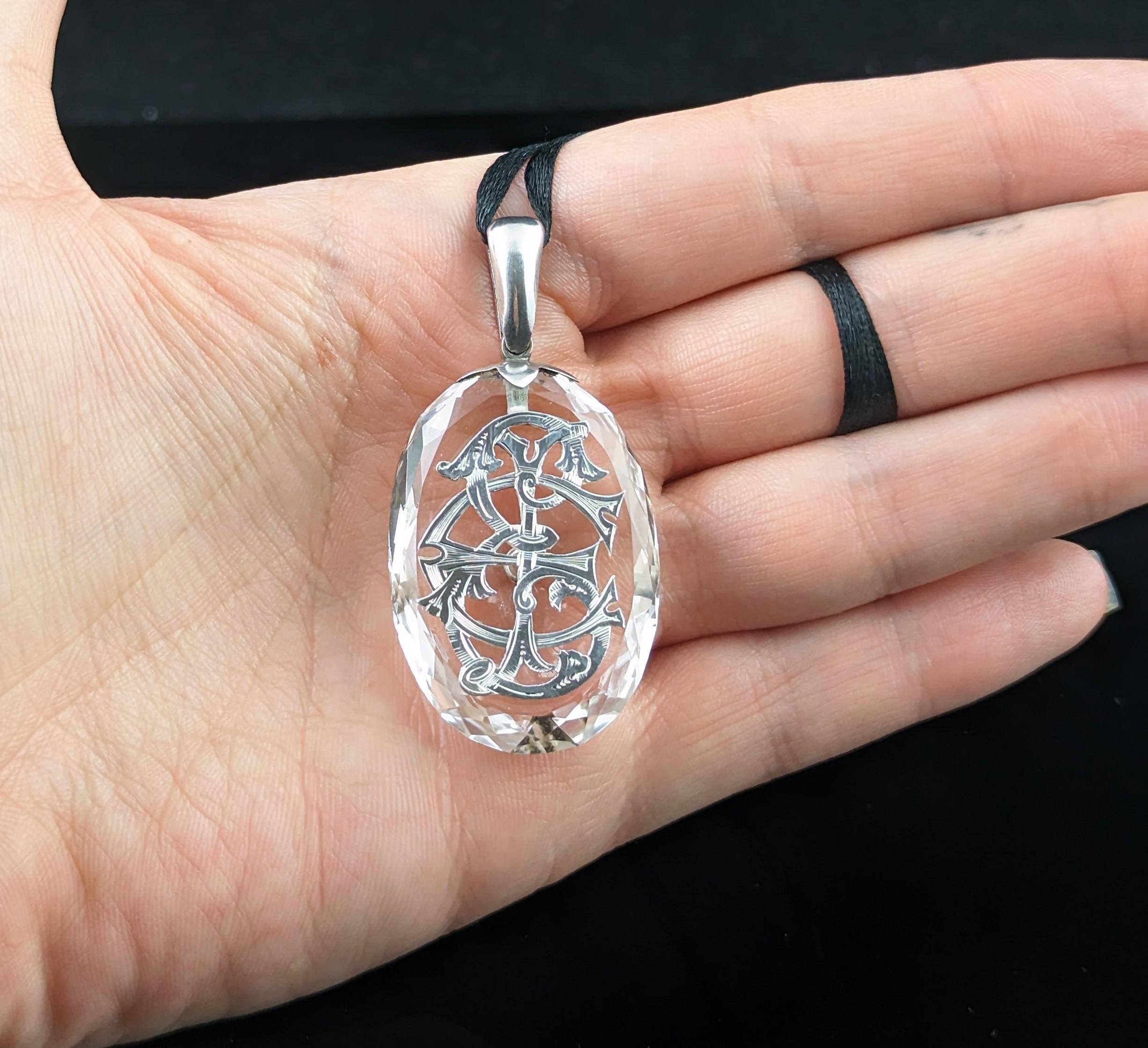 Antique Rock Crystal monogram pendant, sterling silver, Victorian In Good Condition In NEWARK, GB