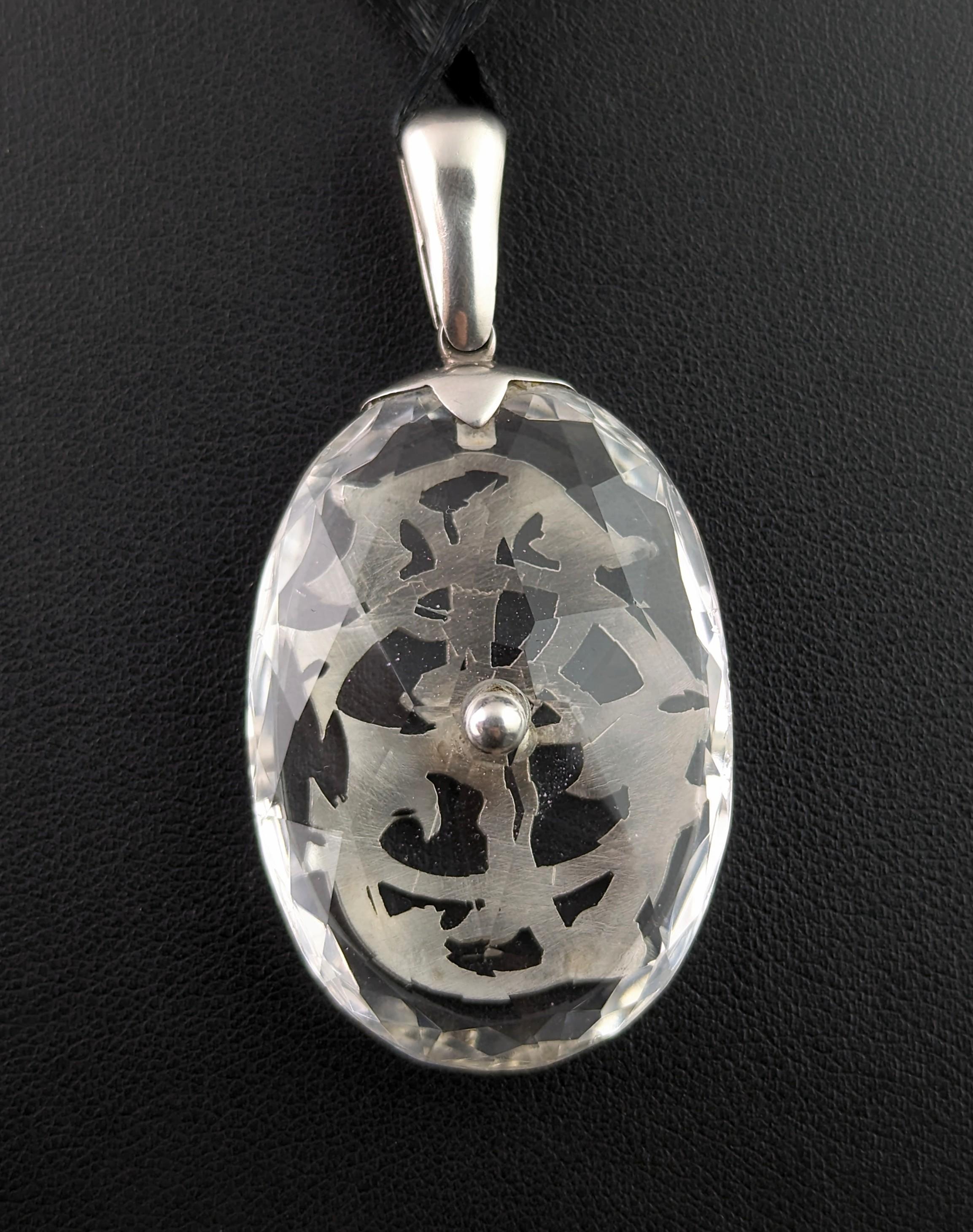 Antique Rock Crystal monogram pendant, sterling silver, Victorian 3