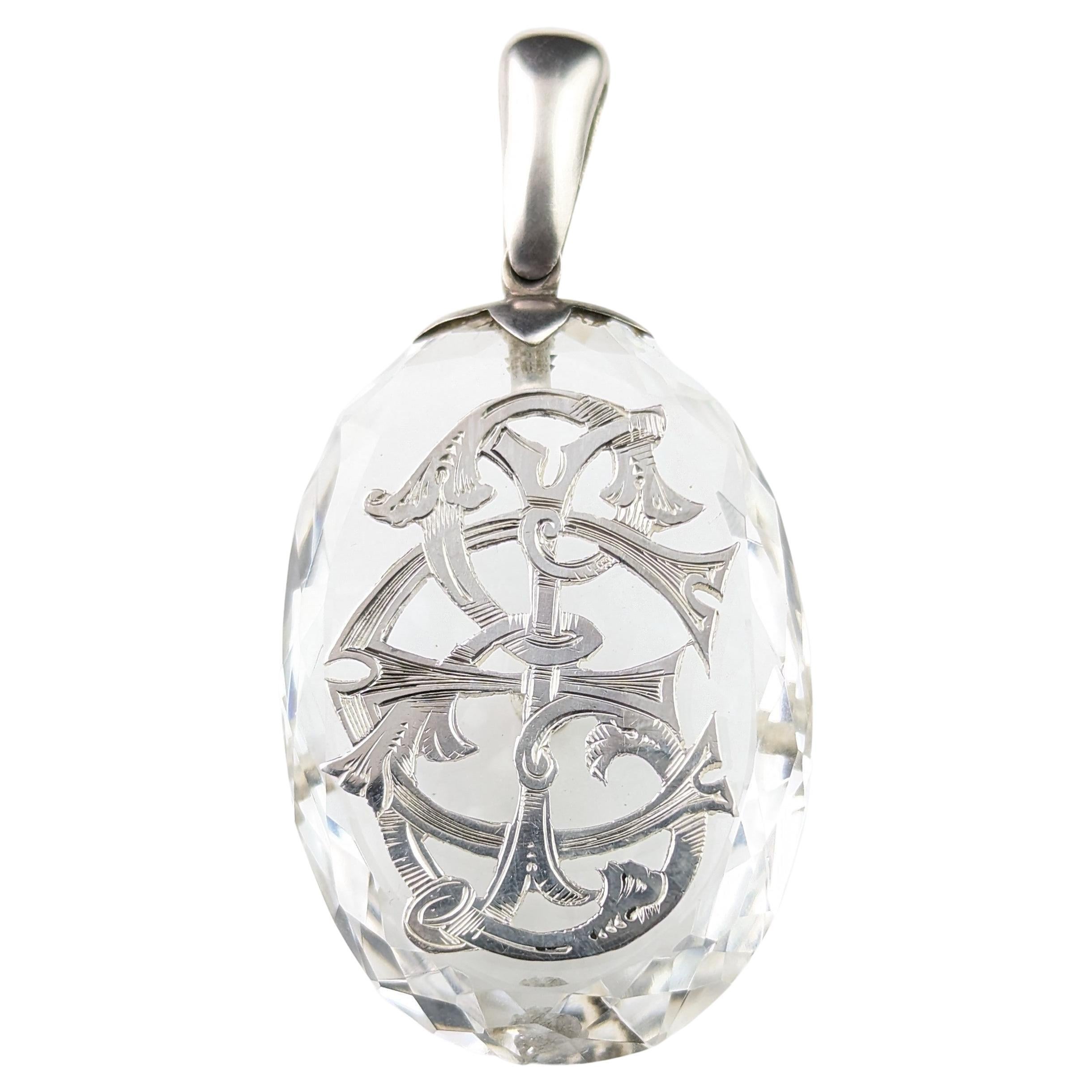 Antique Rock Crystal monogram pendant, sterling silver, Victorian