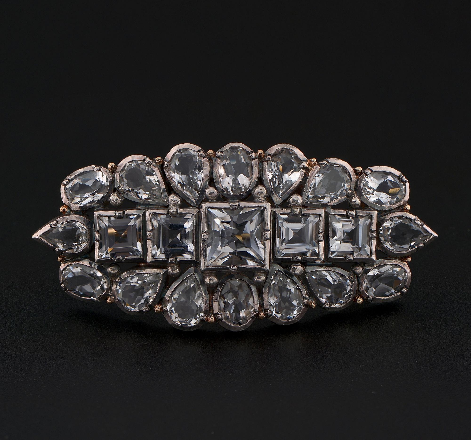 The Magic of 19th Century
This rare antique brooch is 19th Century
A master crafted piece made of solid 18 KT gold topped by silver
Extraordinary design made of rectangular body is made outstanding for the rare Rock Crystal set of various cuts and