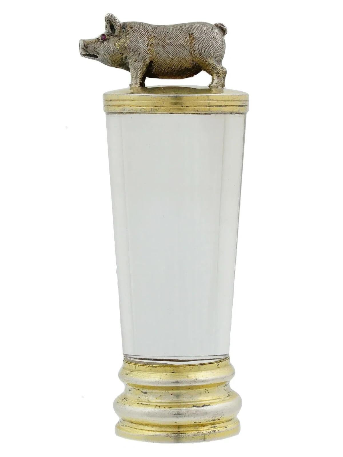 Victorian Antique Rock Crystal Silver Mounted Pig Seal For Sale