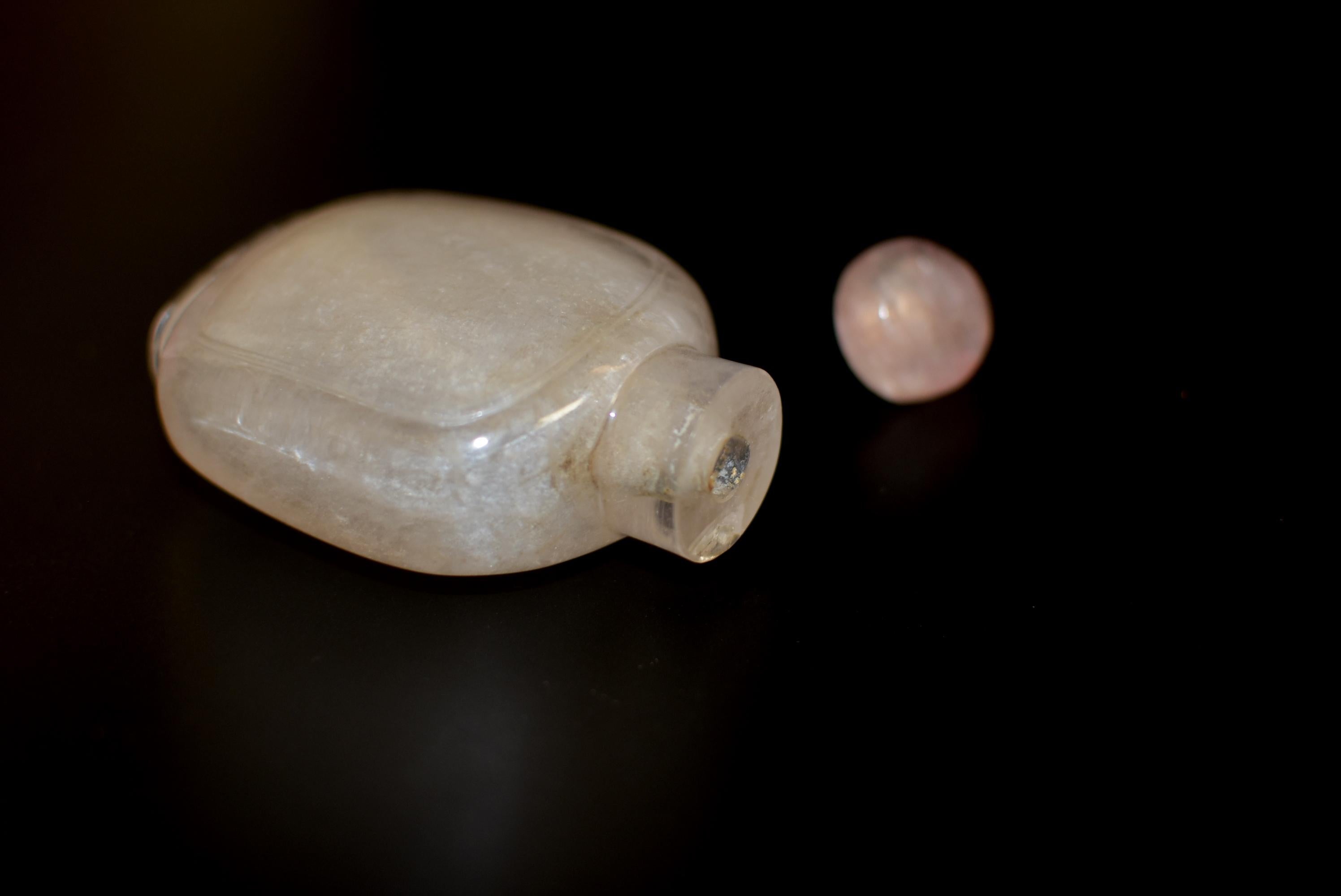 Antique Rock Crystal Snuff Bottle with Rose Quartz Top Qing Dynasty 8