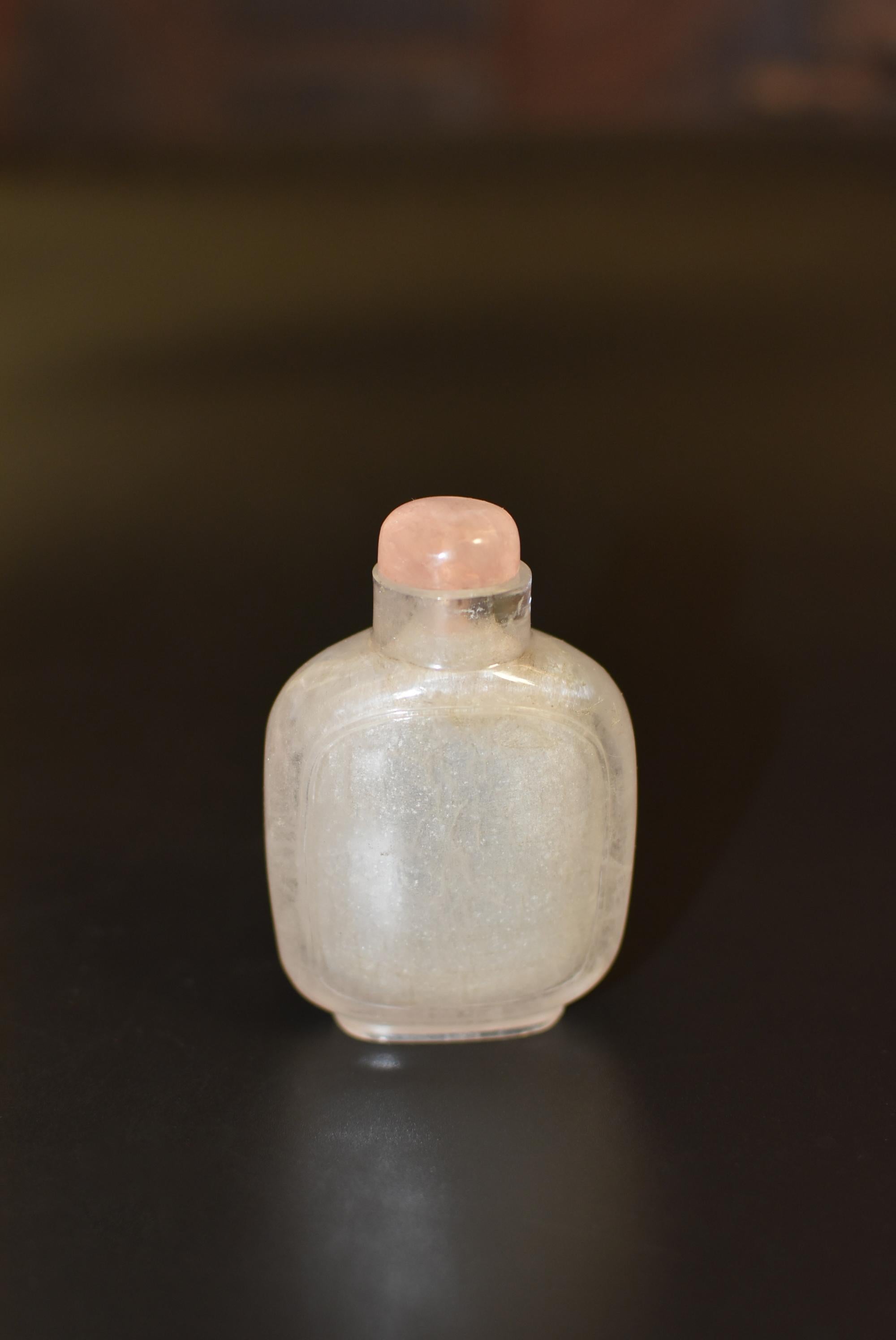 Antique Rock Crystal Snuff Bottle with Rose Quartz Top Qing Dynasty 14