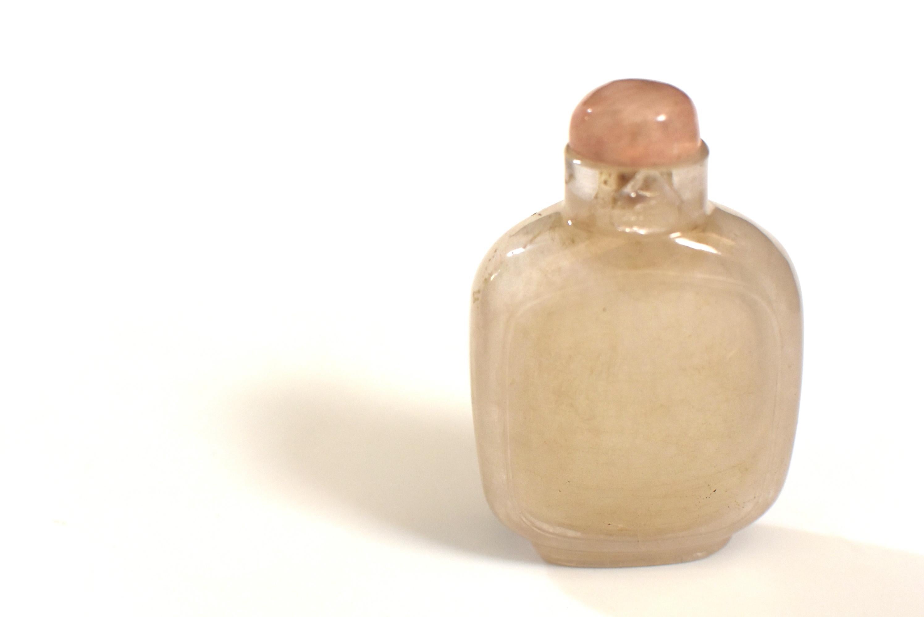 Chinese Antique Rock Crystal Snuff Bottle with Rose Quartz Top Qing Dynasty