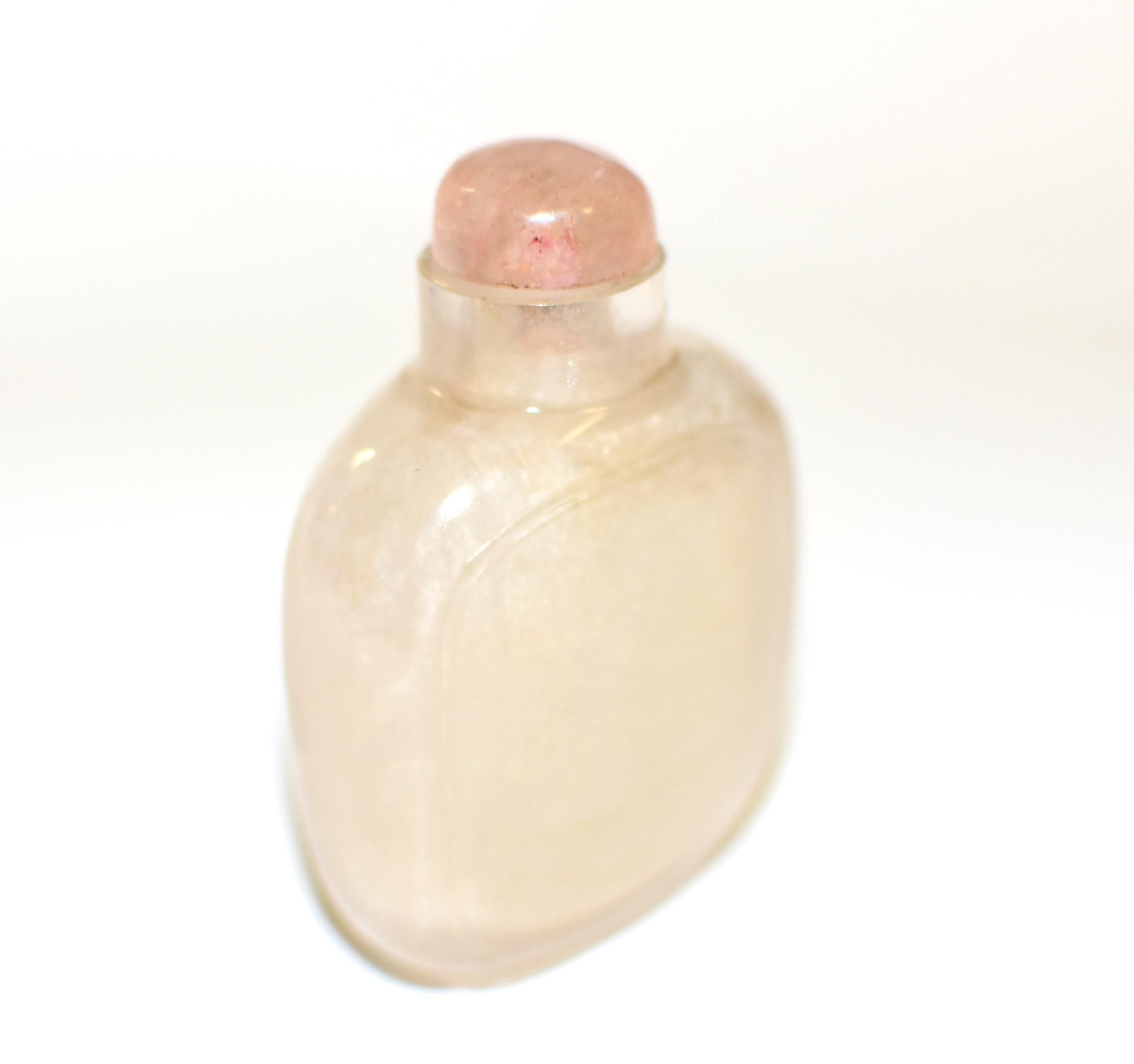 Hand-Carved Antique Rock Crystal Snuff Bottle with Rose Quartz Top Qing Dynasty