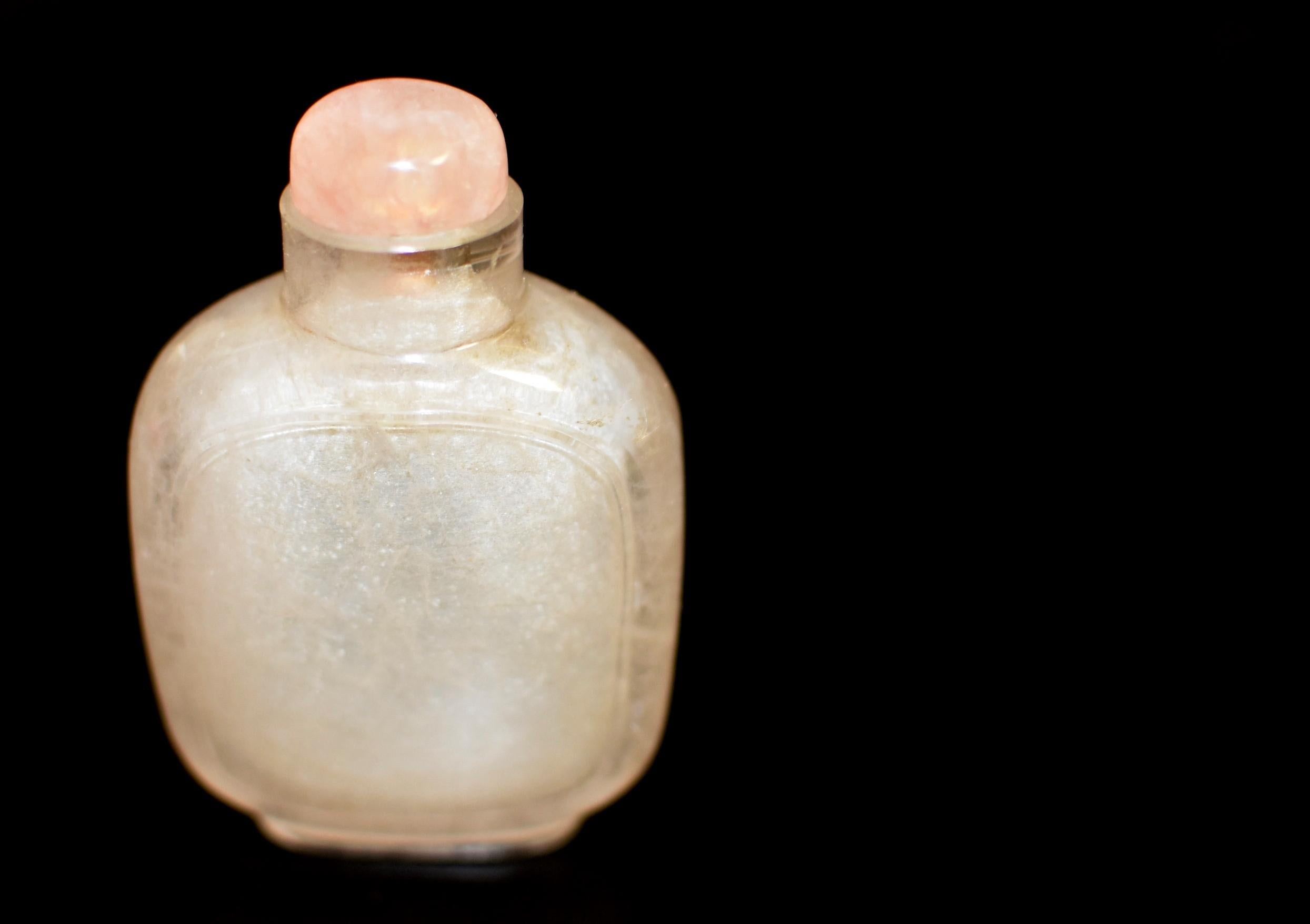 Antique Rock Crystal Snuff Bottle with Rose Quartz Top Qing Dynasty 1