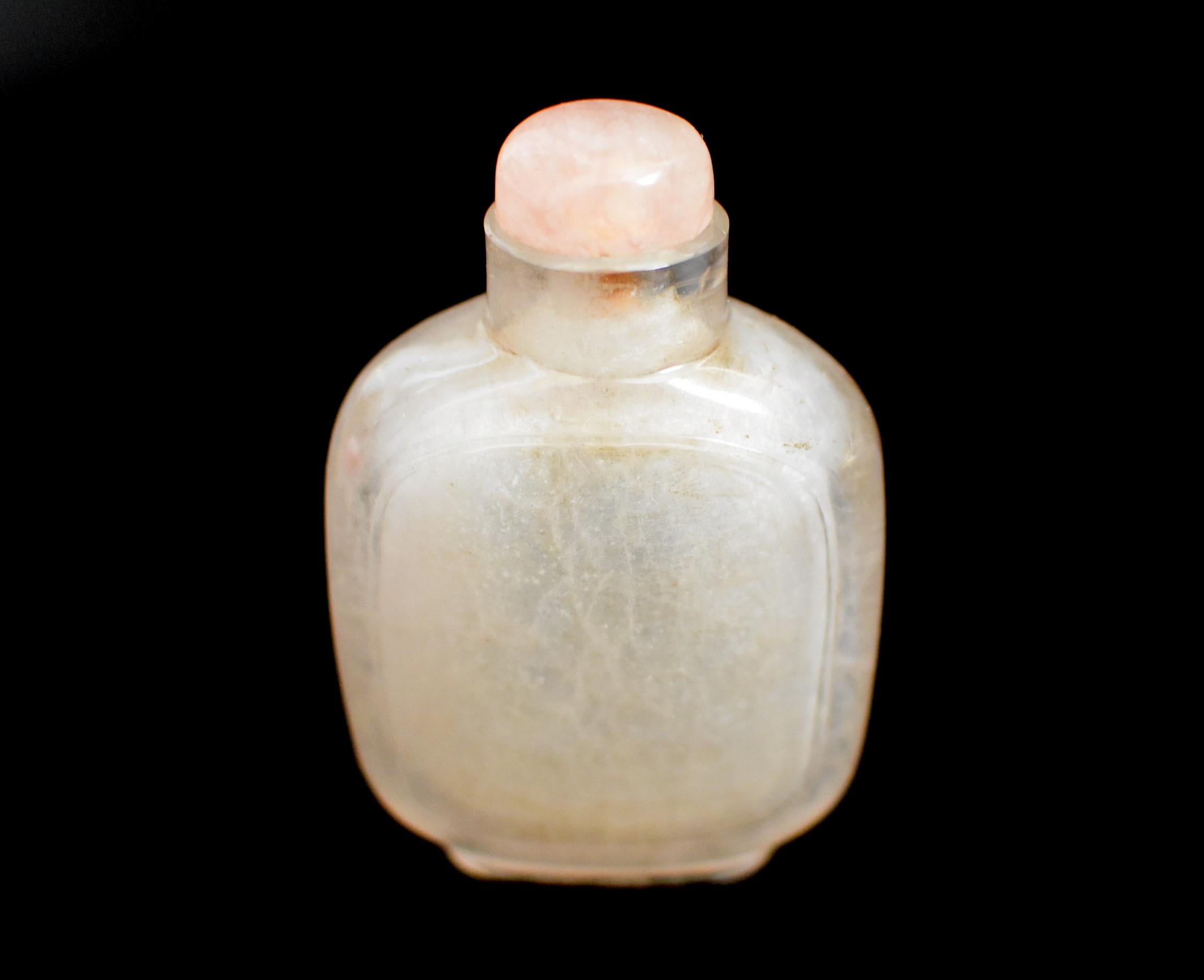Antique Rock Crystal Snuff Bottle with Rose Quartz Top Qing Dynasty 2