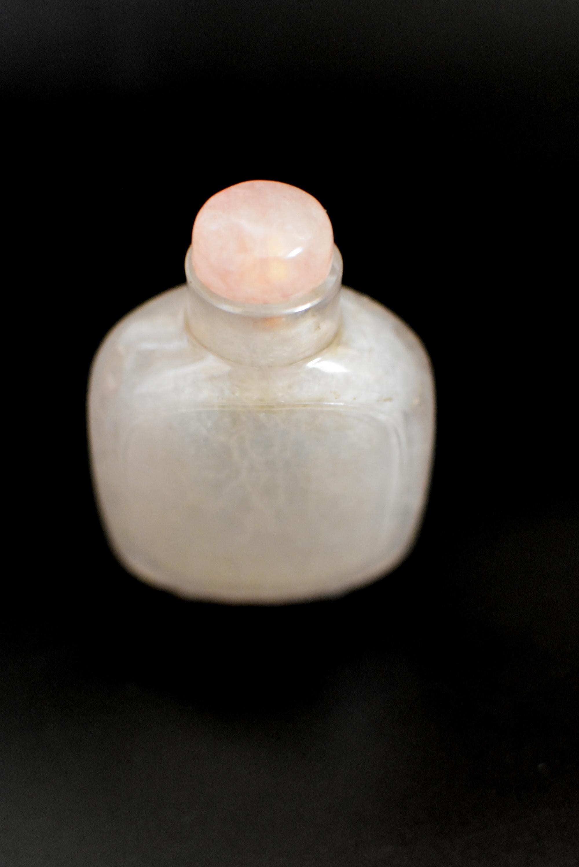 Antique Rock Crystal Snuff Bottle with Rose Quartz Top Qing Dynasty 3