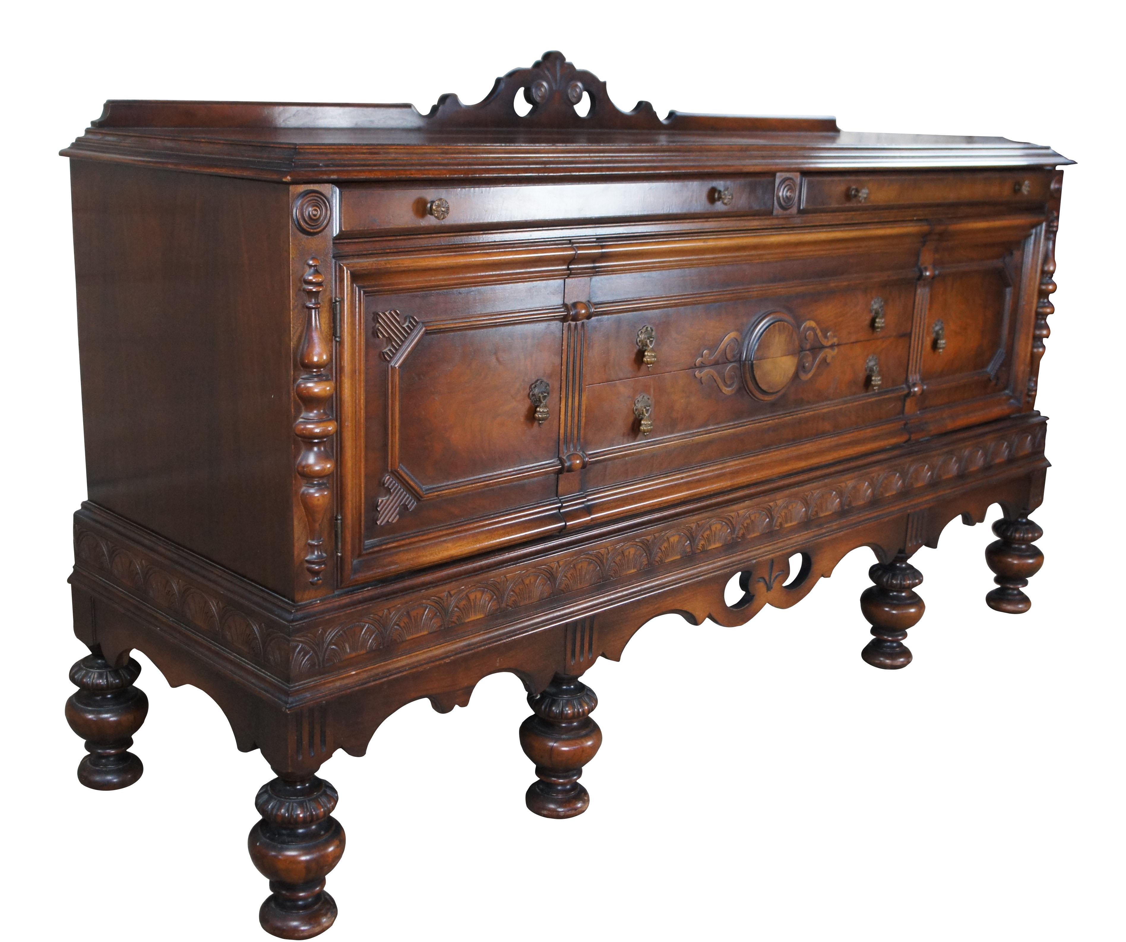 Antique Rockford Furniture Jacobean Style Walnut Carved Buffet Sideboard 72