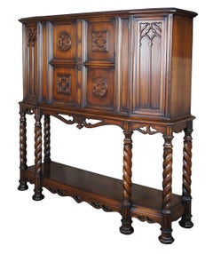 Antique Rockford Gothic Walnut Carved Court Cupboard Hutch Sideboard Bar Cabinet