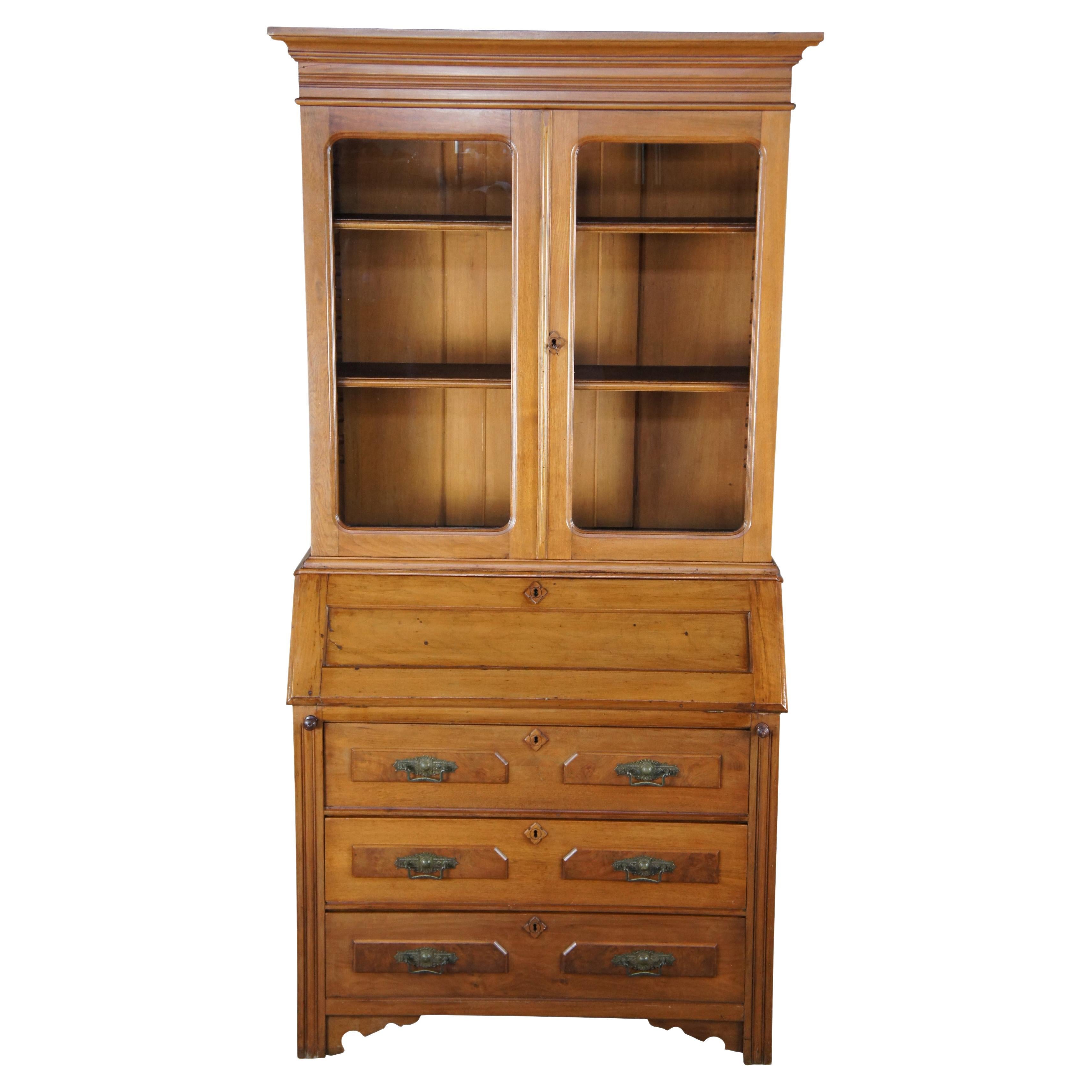 Antique Rockford Union Victorian Maple Secretary Desk & Bookcase Display Cabinet