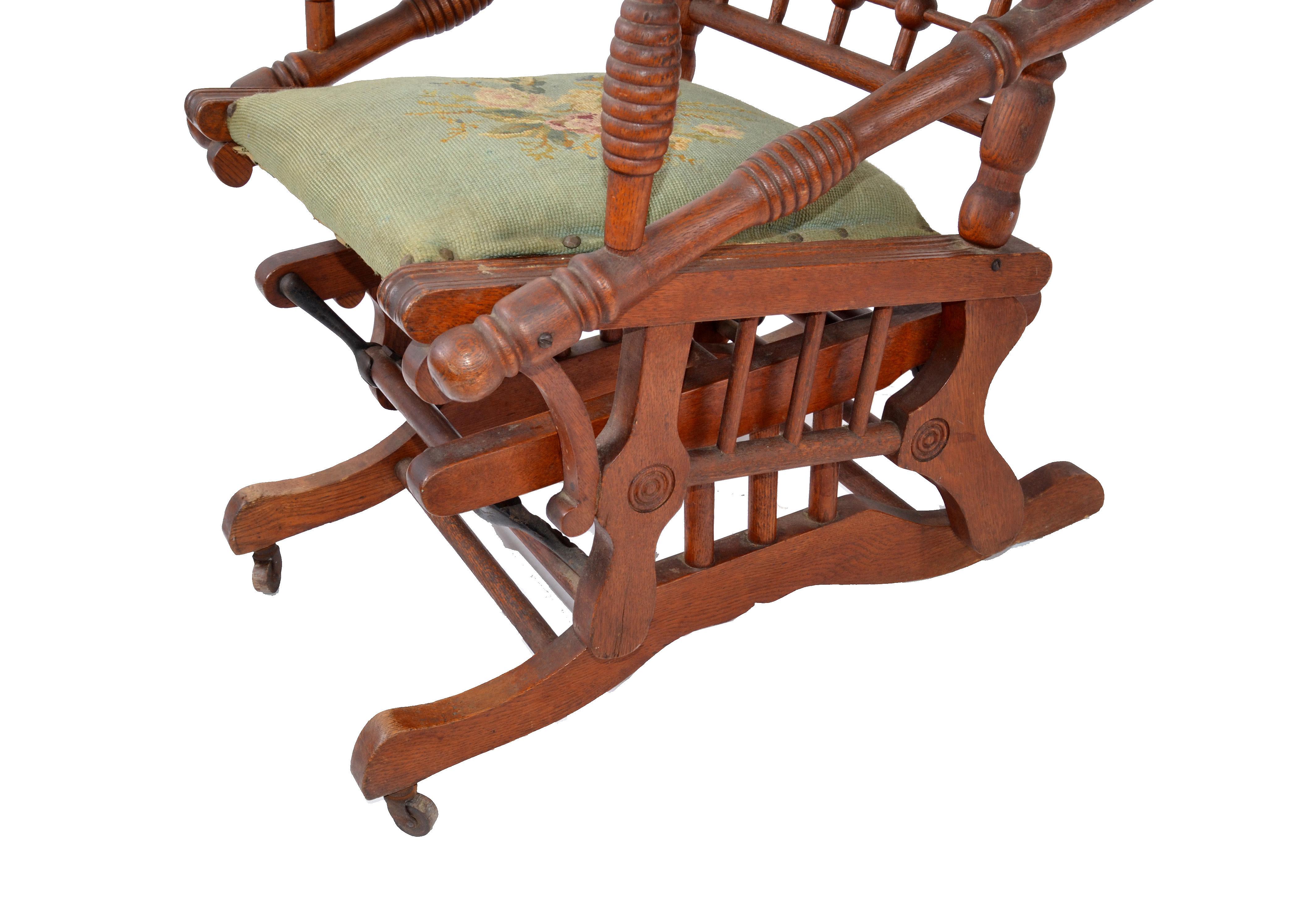 19th Century Antique Rocking Chair Hand Carved and Turned Walnut Wood Needlepoint Upholstery For Sale