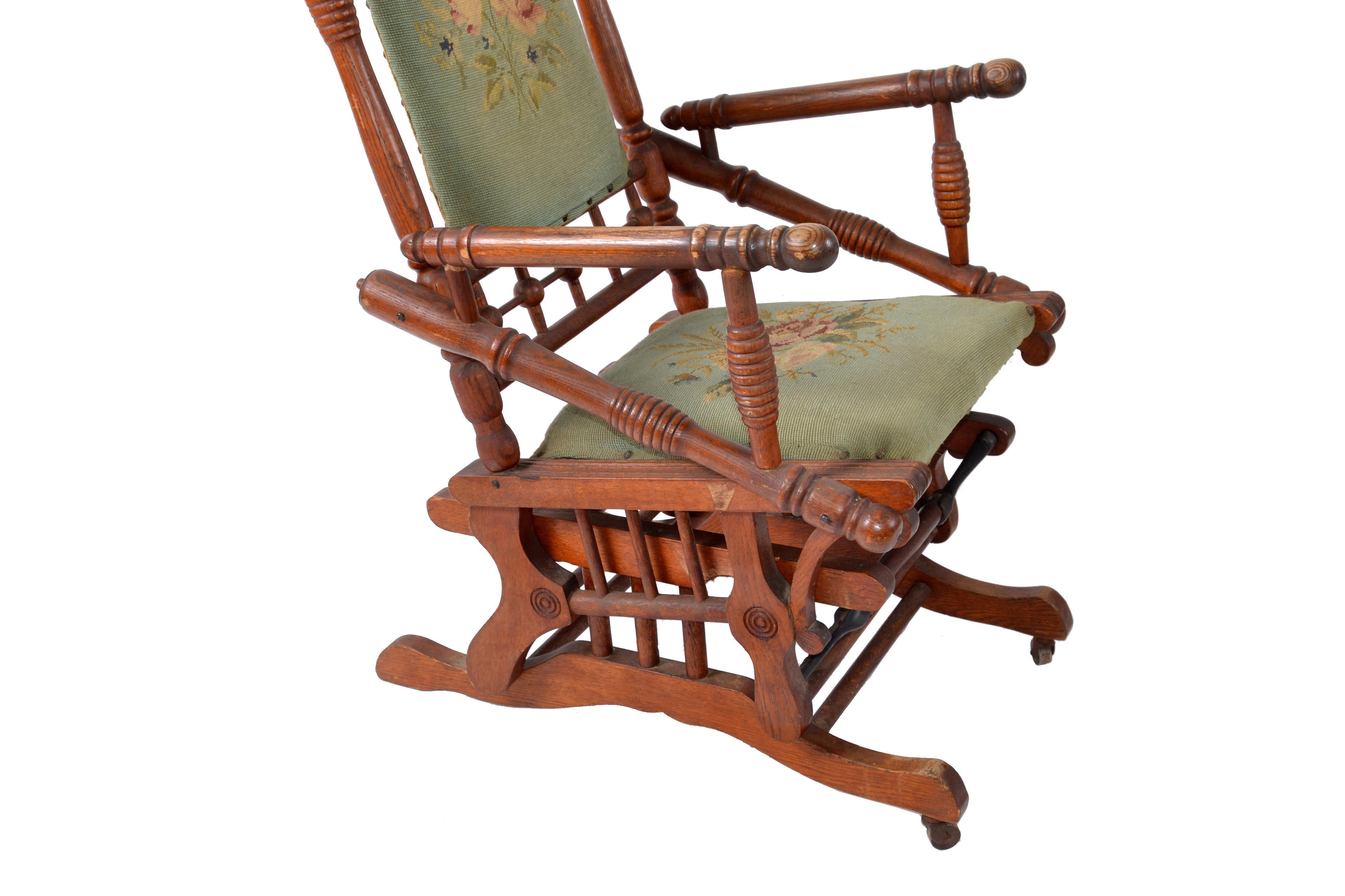 Antique Rocking Chair Hand Carved and Turned Walnut Wood Needlepoint Upholstery For Sale 1