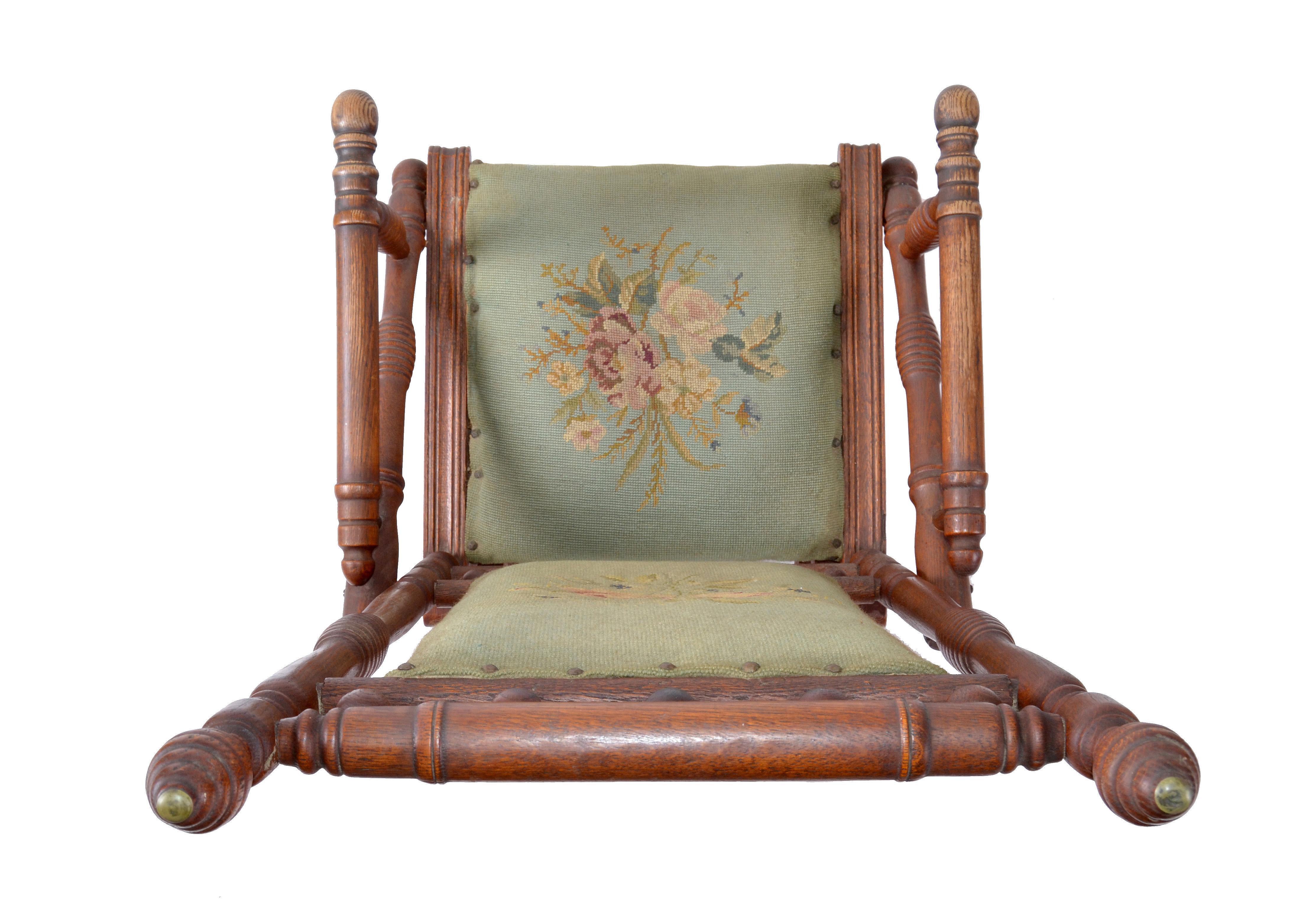 Antique Rocking Chair Hand Carved and Turned Walnut Wood Needlepoint Upholstery For Sale 2