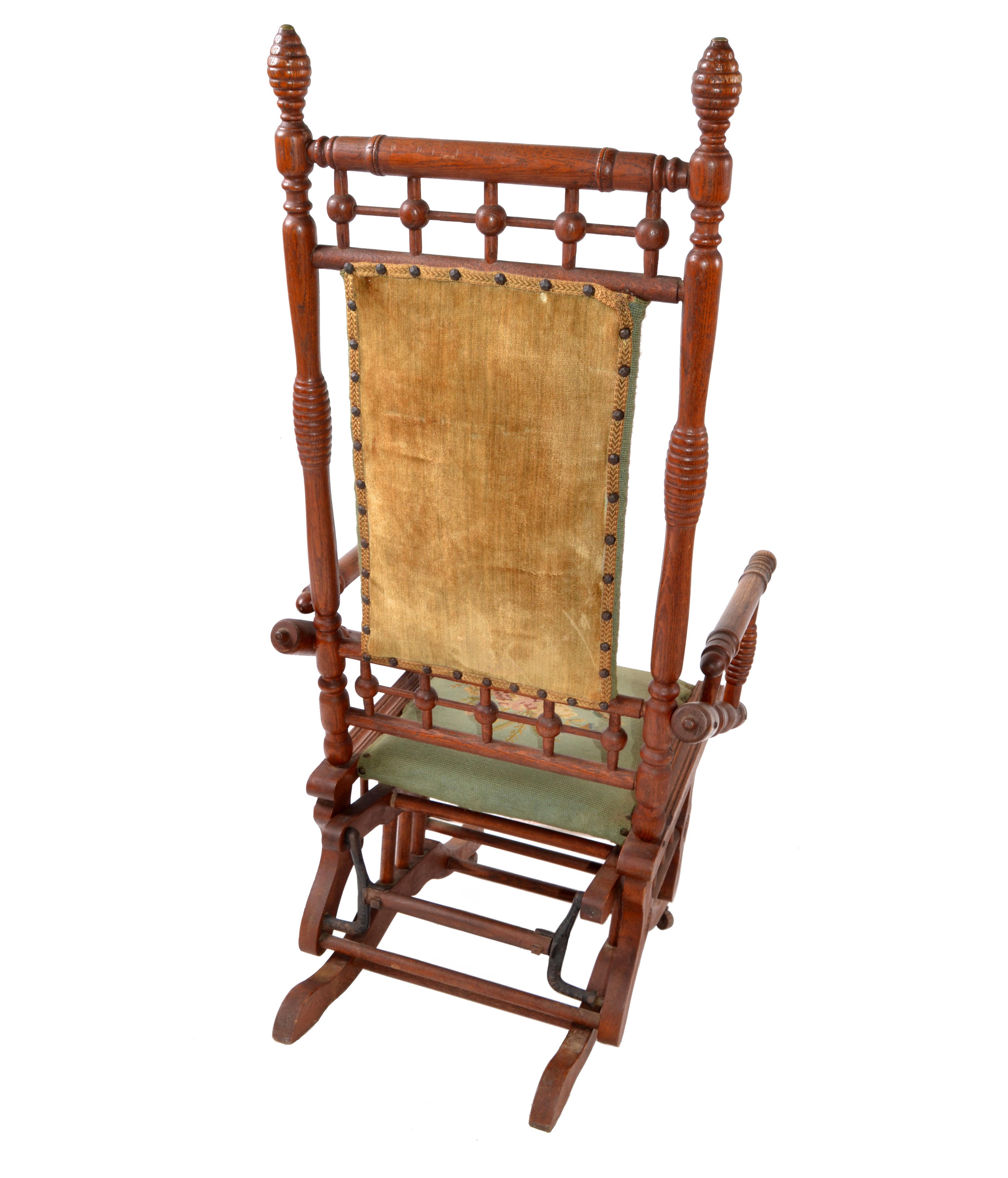 Antique Rocking Chair Hand Carved and Turned Walnut Wood Needlepoint Upholstery For Sale 7