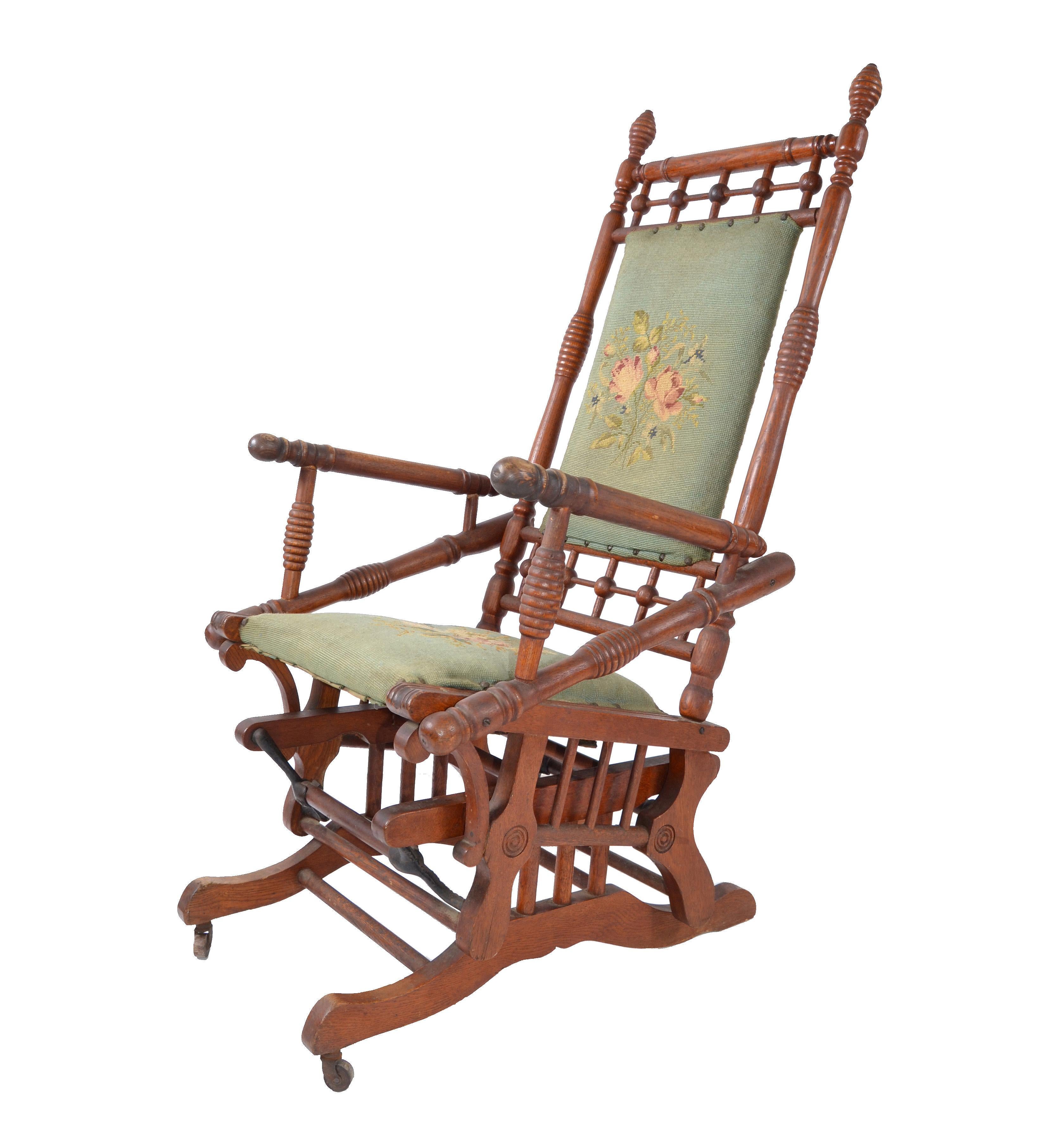 Antique Rocking Chair Hand Carved and Turned Walnut Wood Needlepoint Upholstery For Sale 8