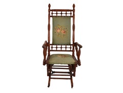 Antique Rocking Chair Hand Carved and Turned Walnut Wood Needlepoint Upholstery