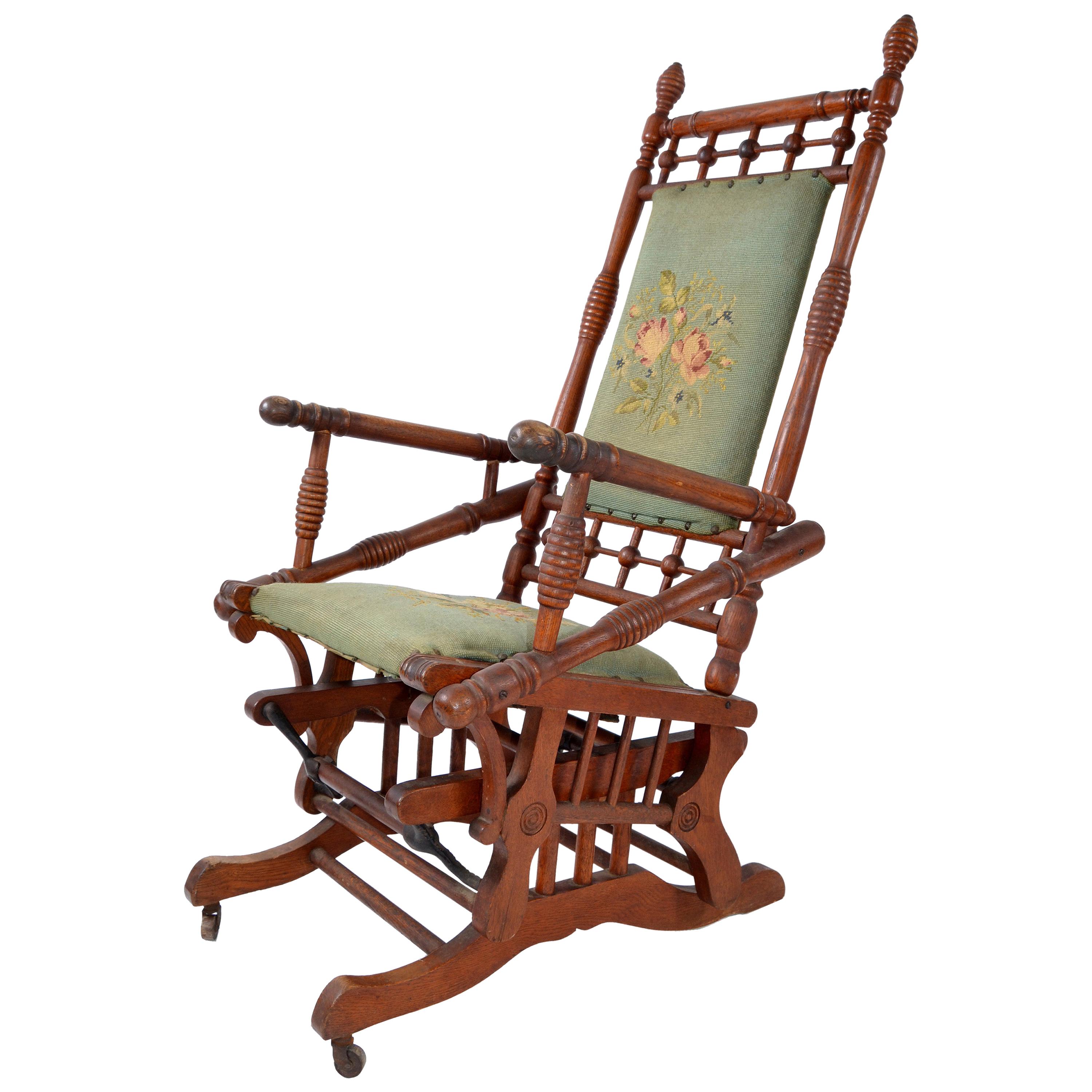 Antique Rocking Chair Hand Carved and Turned Walnut Wood Needlepoint Upholstery