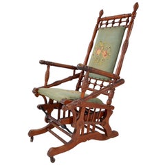 Vintage Rocking Chair Hand Carved and Turned Walnut Wood Needlepoint Upholstery