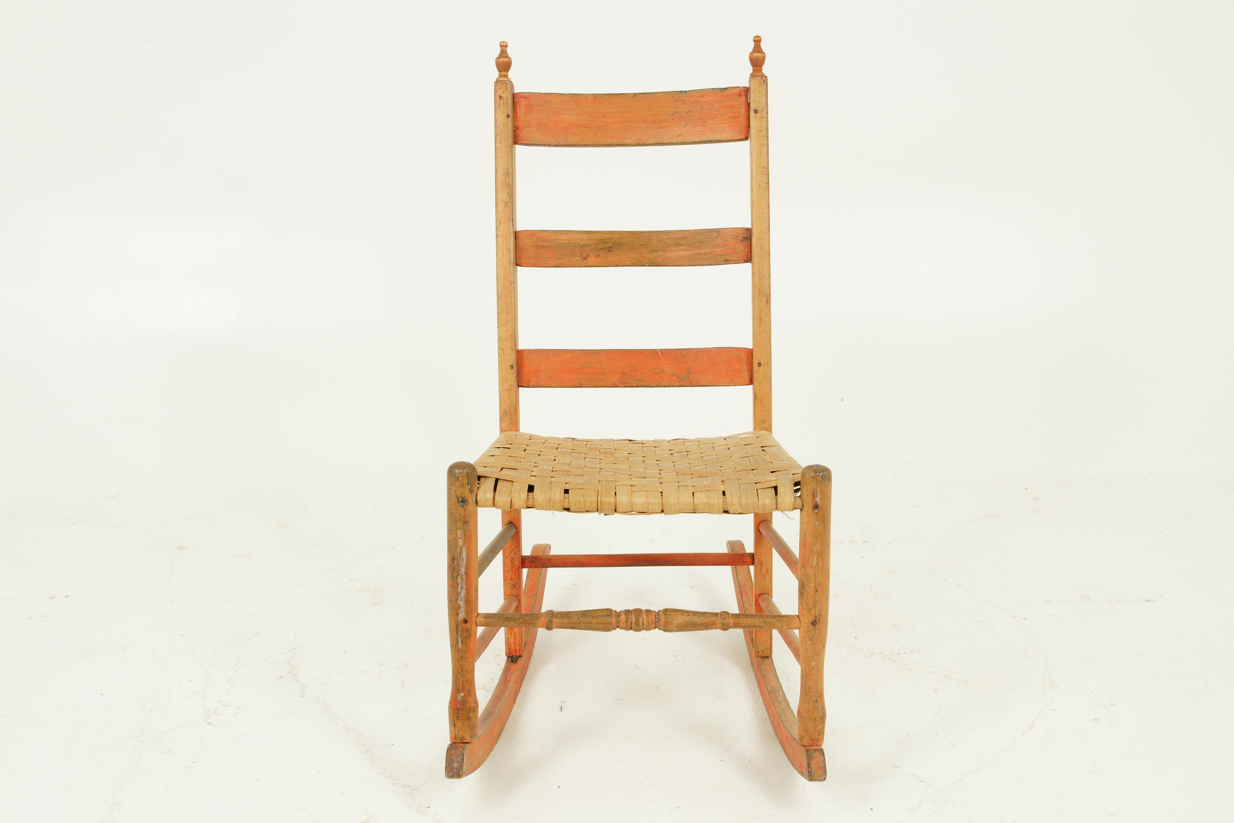 Antique rocking chair, ladder back chair, pine, 19th century, America 1880, Bcon1, America 1880, H511

America 1880
Finial tops 
Three ladder backs
Bark seat
Standiong on turned front legs
Joined by Turned Stretchers to the Front
Plain Stretchers to