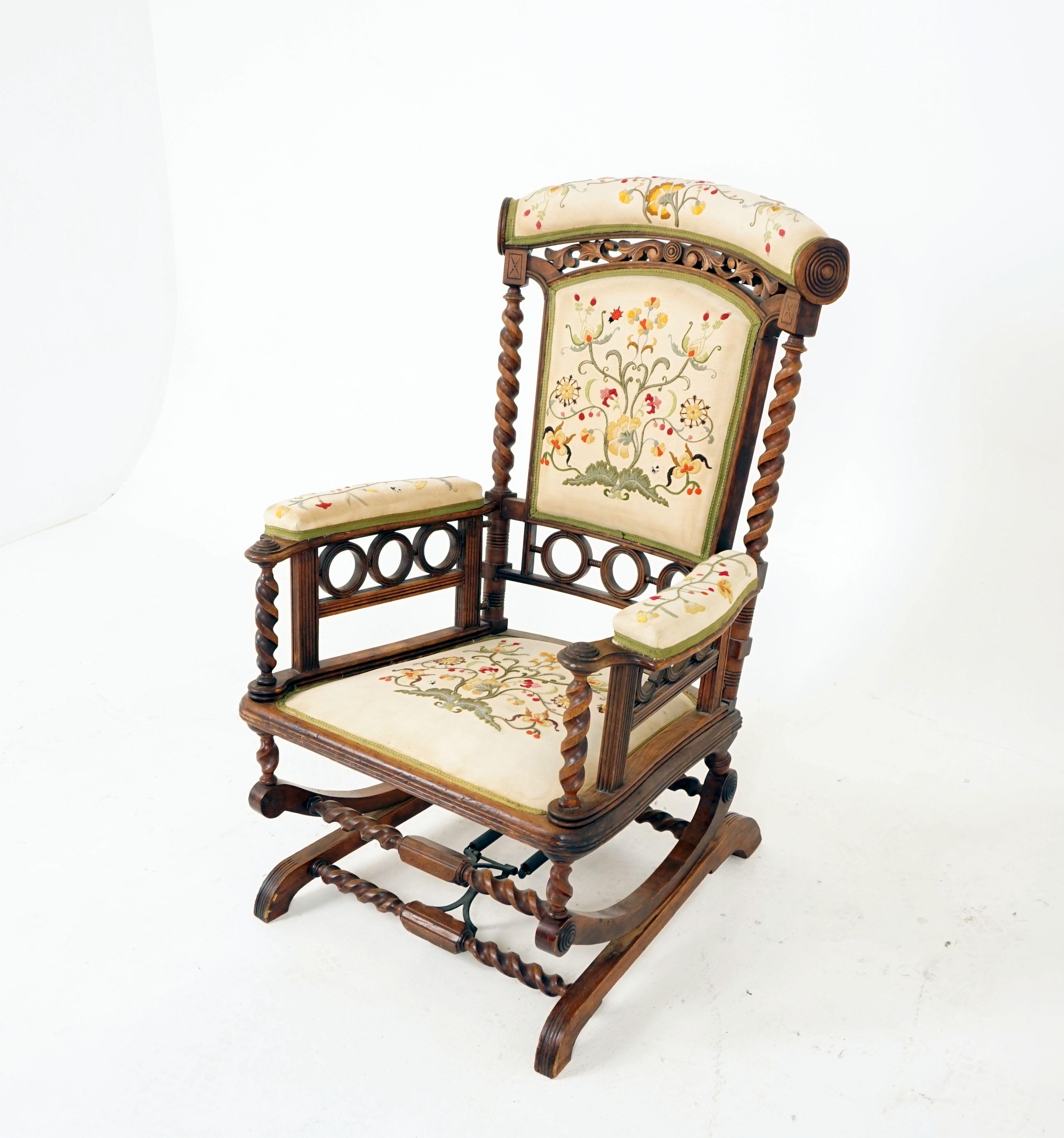 Antique rocking chair, walnut, Barley Twist, George Hunzinger, American 1880, B2537

America 1880
Solid walnut
Original finish
Shaped padded top with ringette's on the ends
Carved frieze underneath
Padded back with carved ringette's